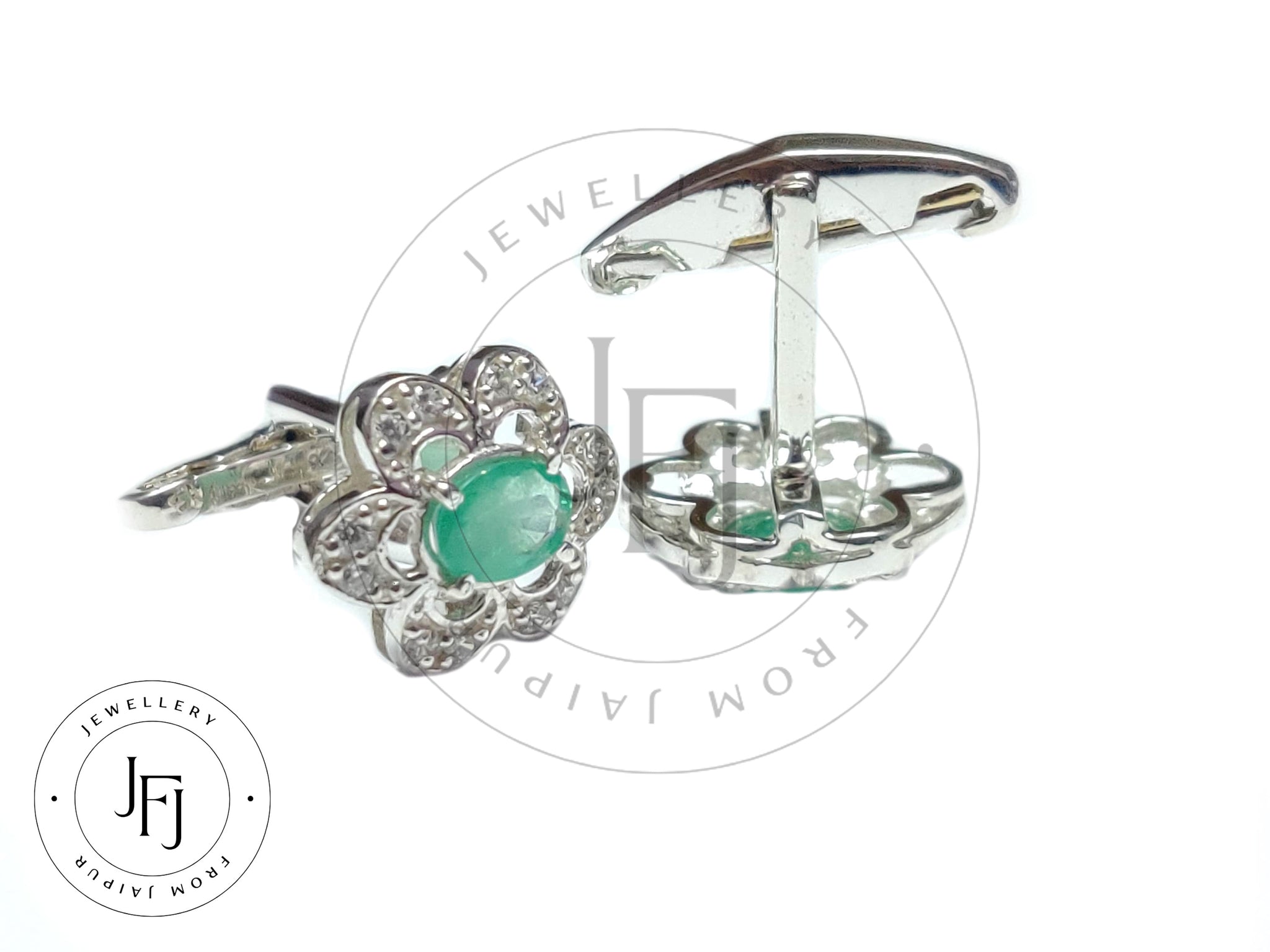 Silver Emerald Cufflinks 2 Ct Emerald Engagement Cufflinks 5x7 mm Oval Emerald Flower Groomsmen Cufflinks Green Stone Cufflinks For Men