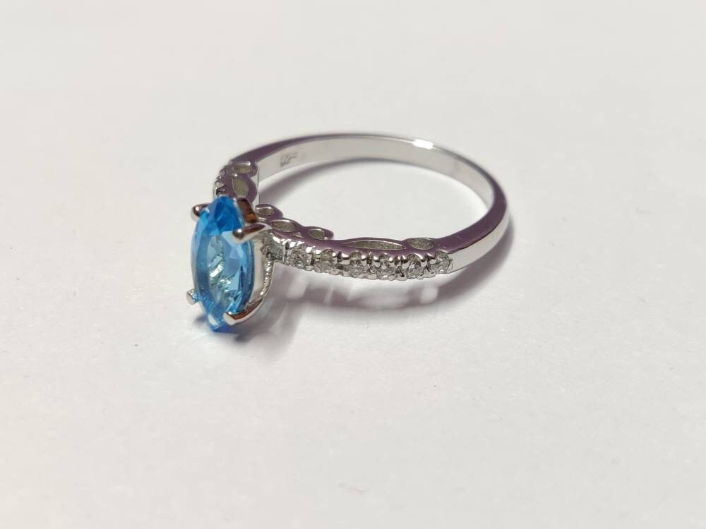 Swiss Blue Topaz Promise Ring 5x10 mm Marquees 0.9 Ct Swiss Topaz Anniversary Band Swiss Blue Topaz Engagement Band