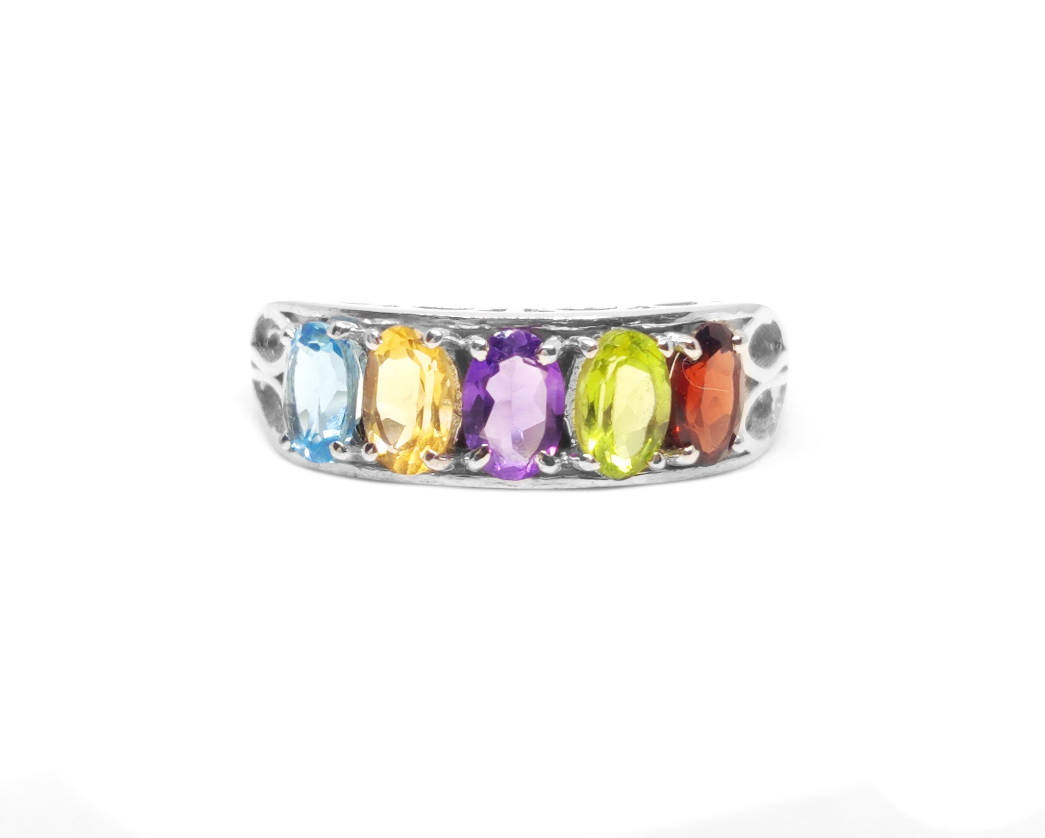 Silver MultiStone Birthstone Ring 5 Stone Birthstone Ring Garnet Peridot Amethyst Citrine Blue Topaz Ring Natural Multi Gemstone Ring