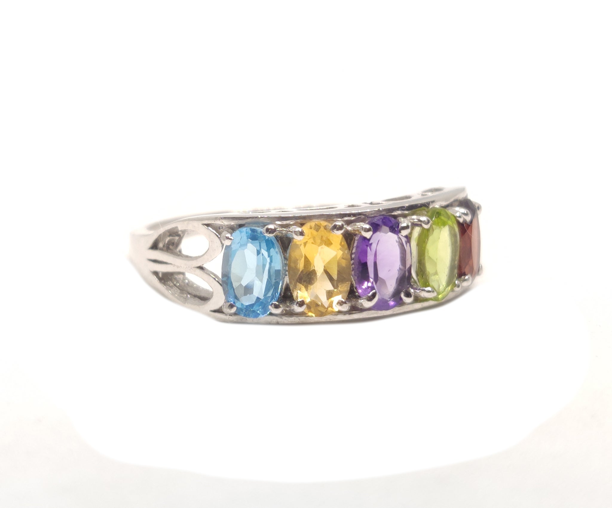Silver MultiStone Birthstone Ring 5 Stone Birthstone Ring Garnet Peridot Amethyst Citrine Blue Topaz Ring Natural Multi Gemstone Ring