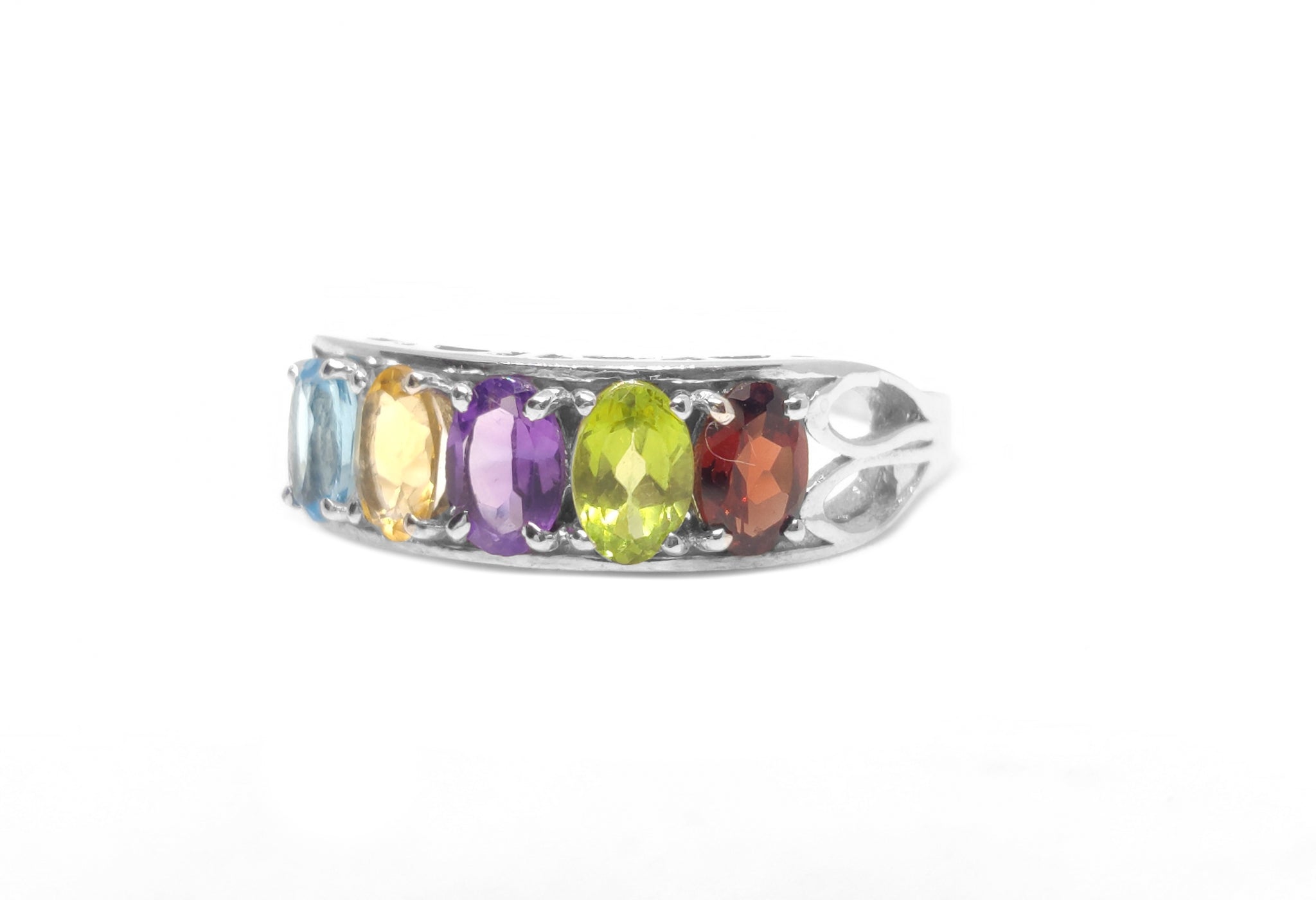 Silver MultiStone Birthstone Ring 5 Stone Birthstone Ring Garnet Peridot Amethyst Citrine Blue Topaz Ring Natural Multi Gemstone Ring