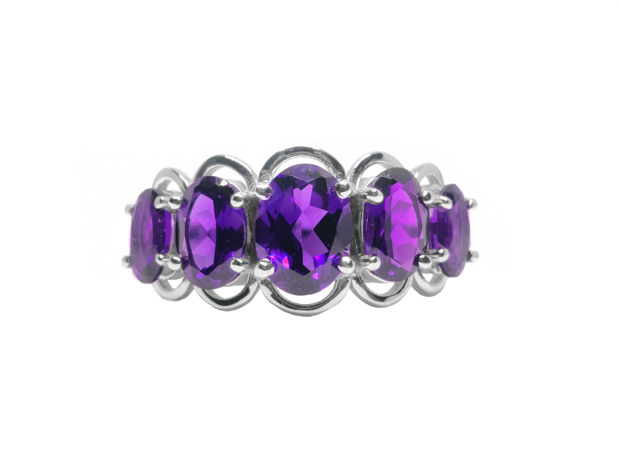 Natural Amethyst Wedding Band 5 Stone Wedding Band Silver Amethyst Engagement Ring February Birthstone Amethyst Anniversary Ring For Her