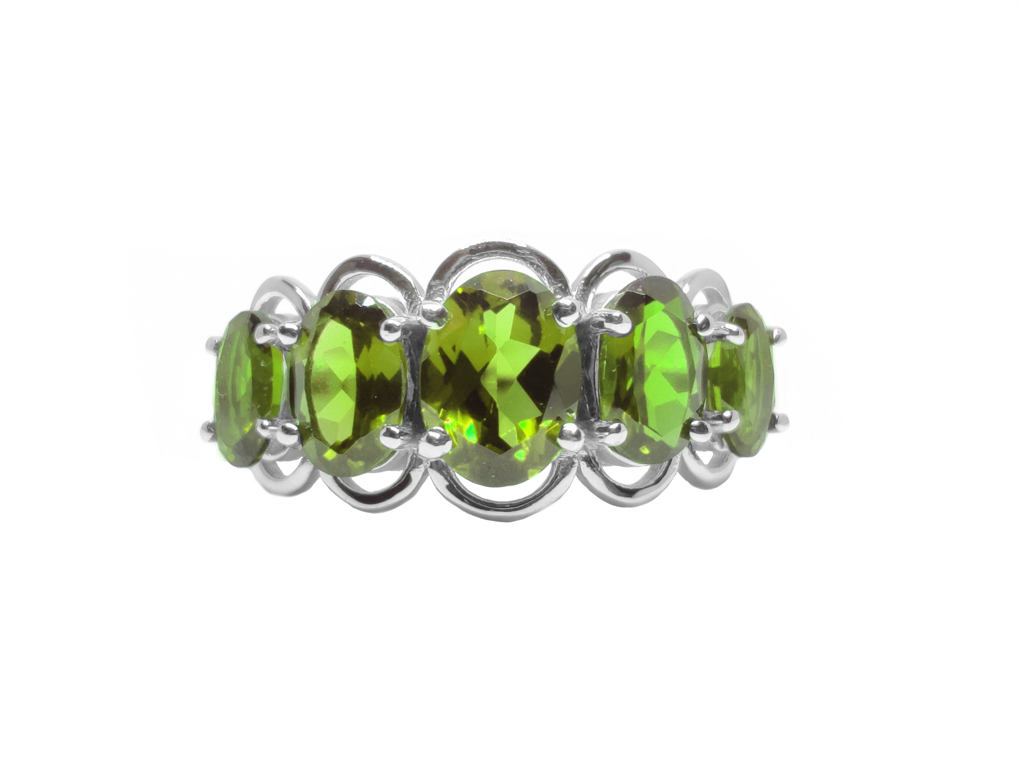 Natural Peridot Wedding Band 5 Stone Wedding Band Silver Peridot Engagement Ring August Birthstone Peridot Anniversary Ring For Her