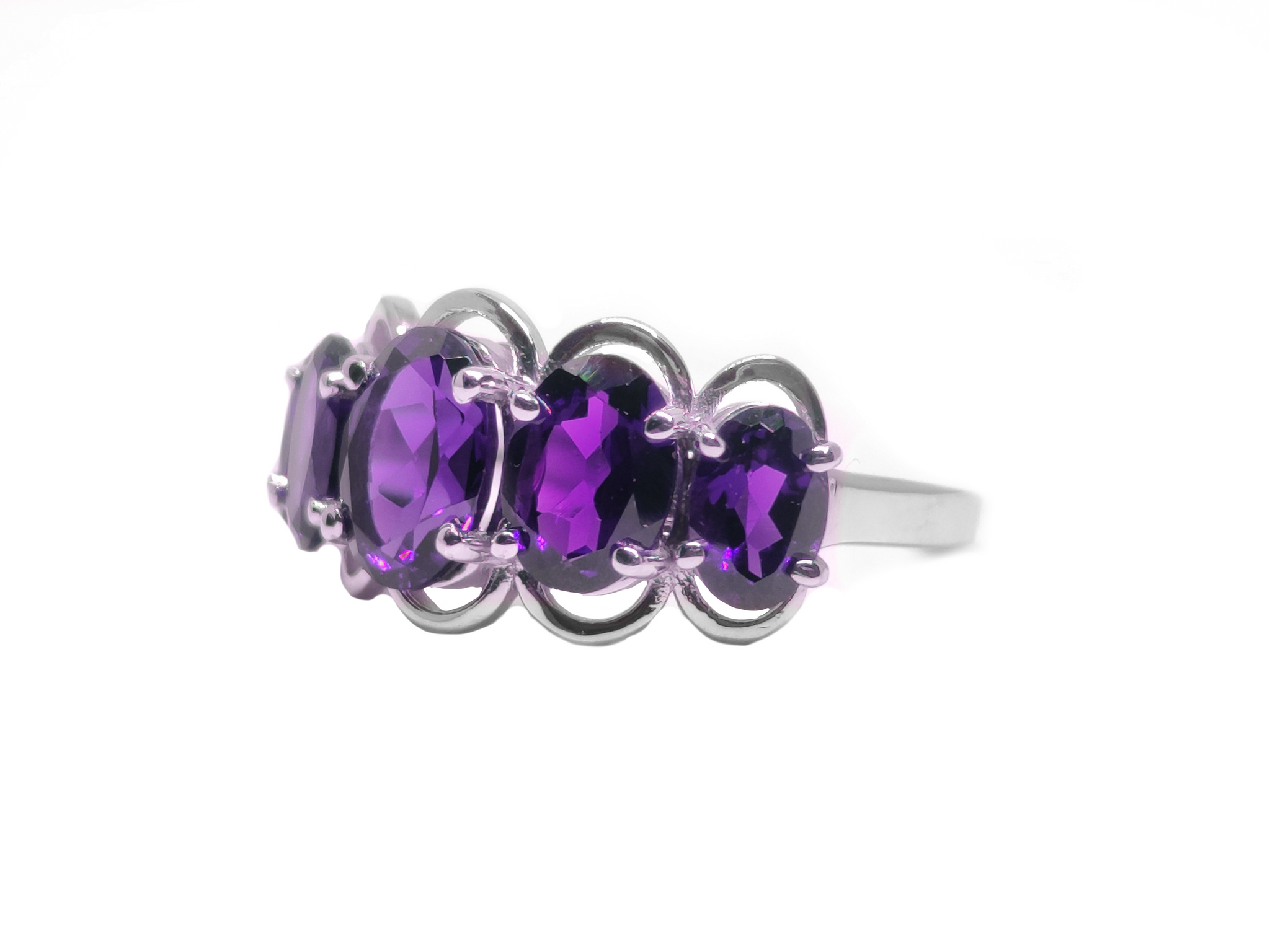 Natural Amethyst Wedding Band 5 Stone Wedding Band Silver Amethyst Engagement Ring February Birthstone Amethyst Anniversary Ring For Her