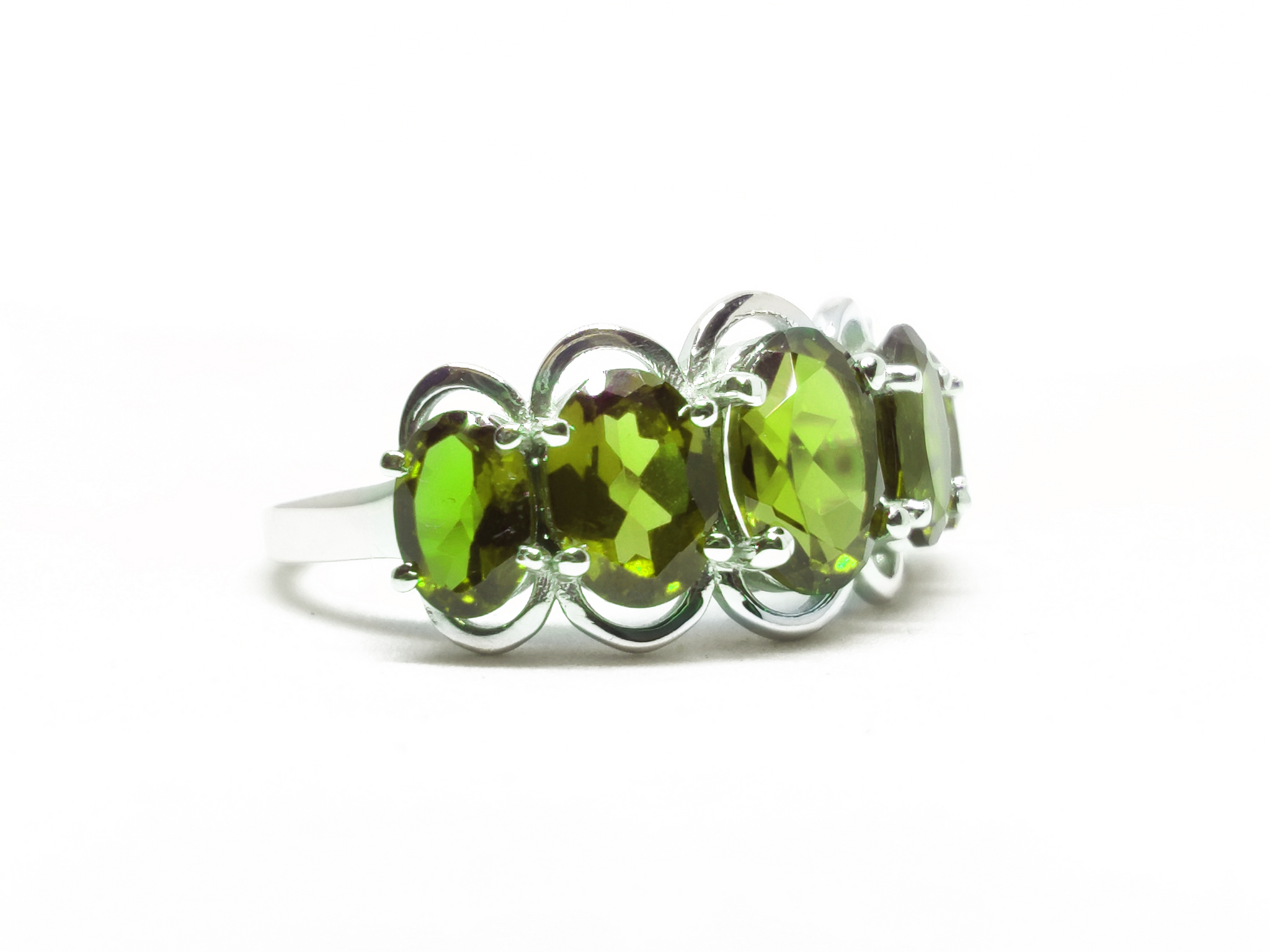 Natural Peridot Wedding Band 5 Stone Wedding Band Silver Peridot Engagement Ring August Birthstone Peridot Anniversary Ring For Her