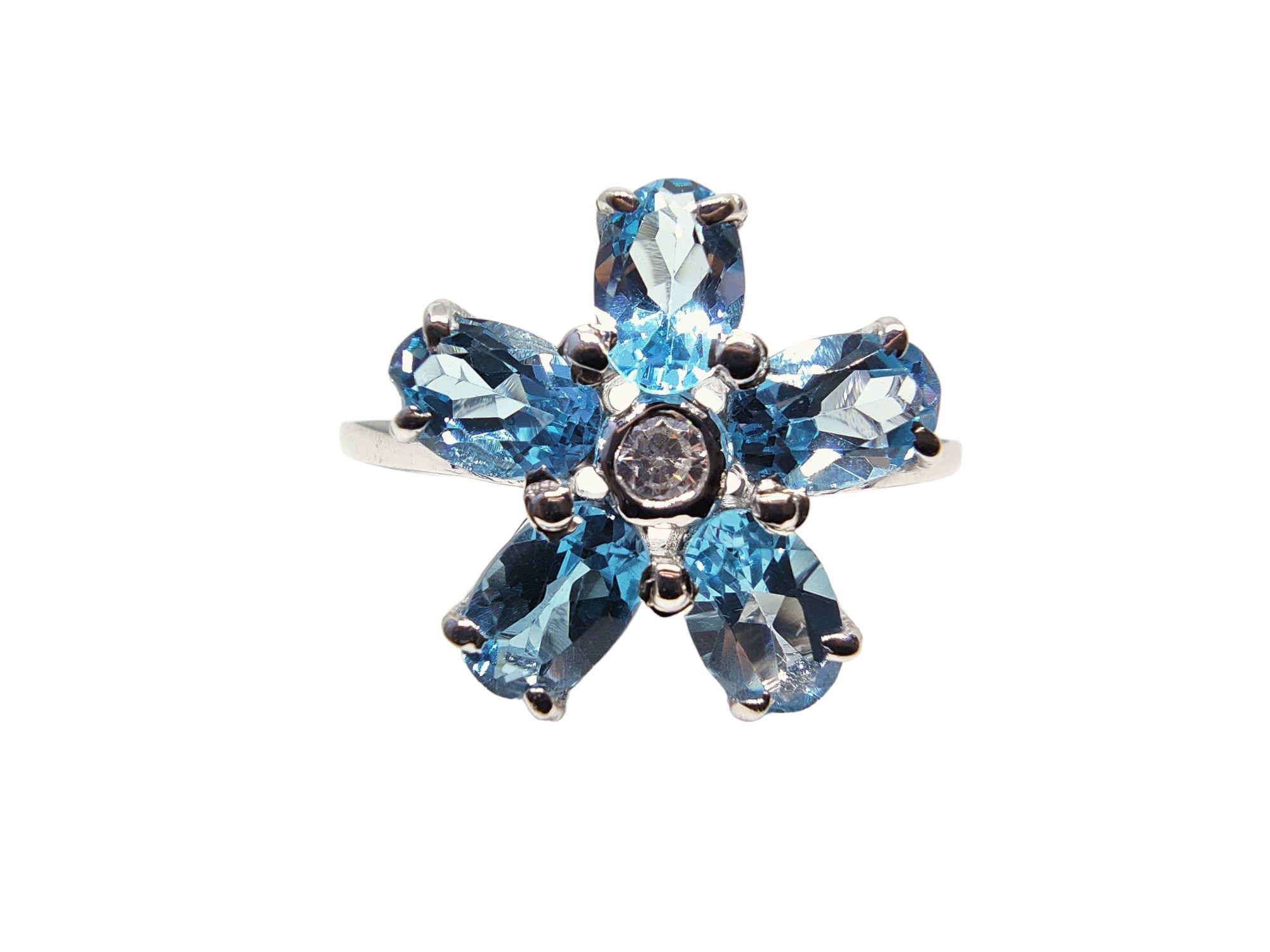 925 Sterling Silver Swiss Blue Topaz Flower Ring 5 Stone Swiss Topaz Wedding Ring November Birthstone Ring 925 Silver Bridal Ring