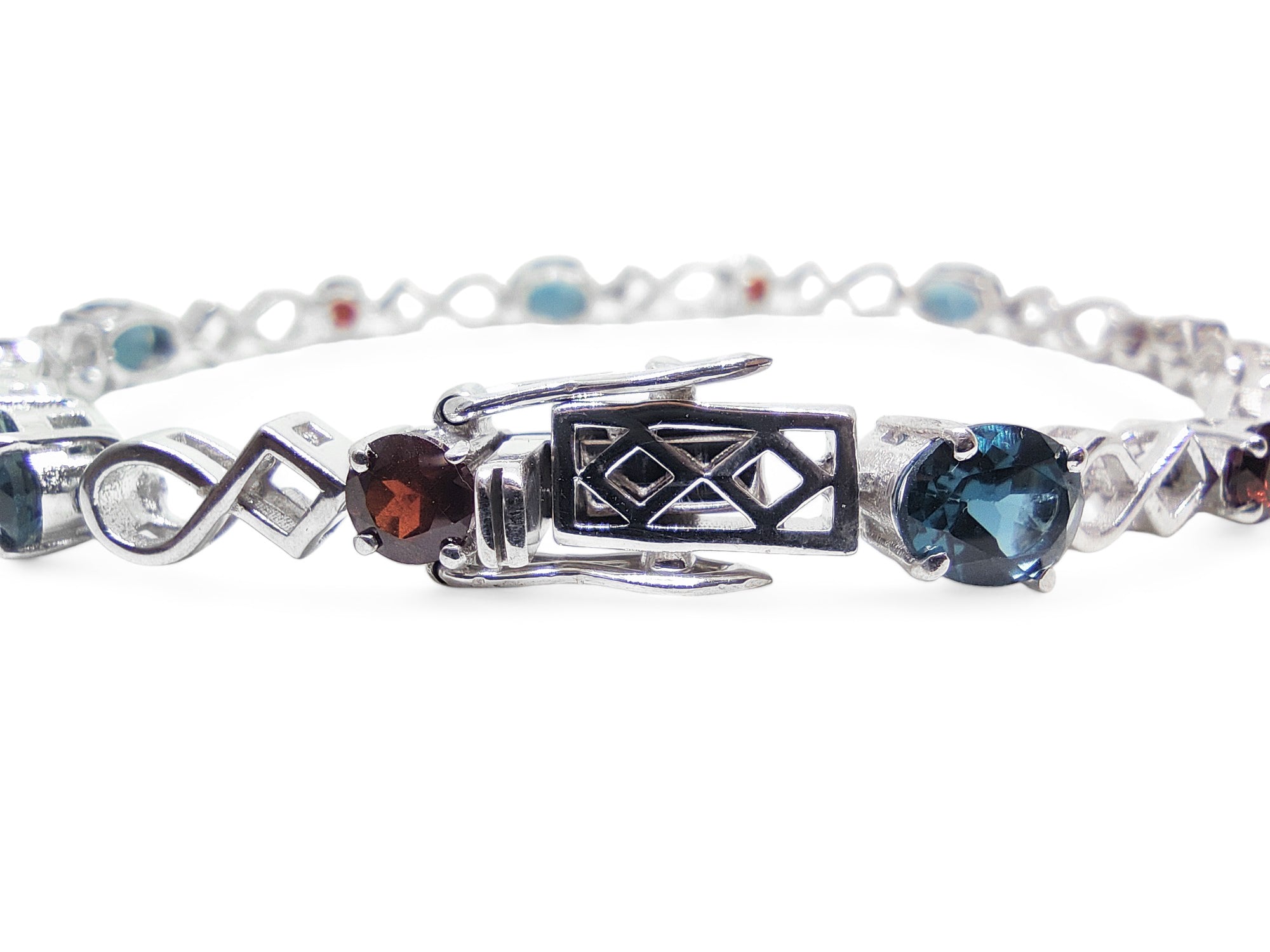 Silver London Blue Topaz Garnet Bracelet Designer London Topaz Bracelet November Birthstone Bracelet Red Blue Stone Bracelet
