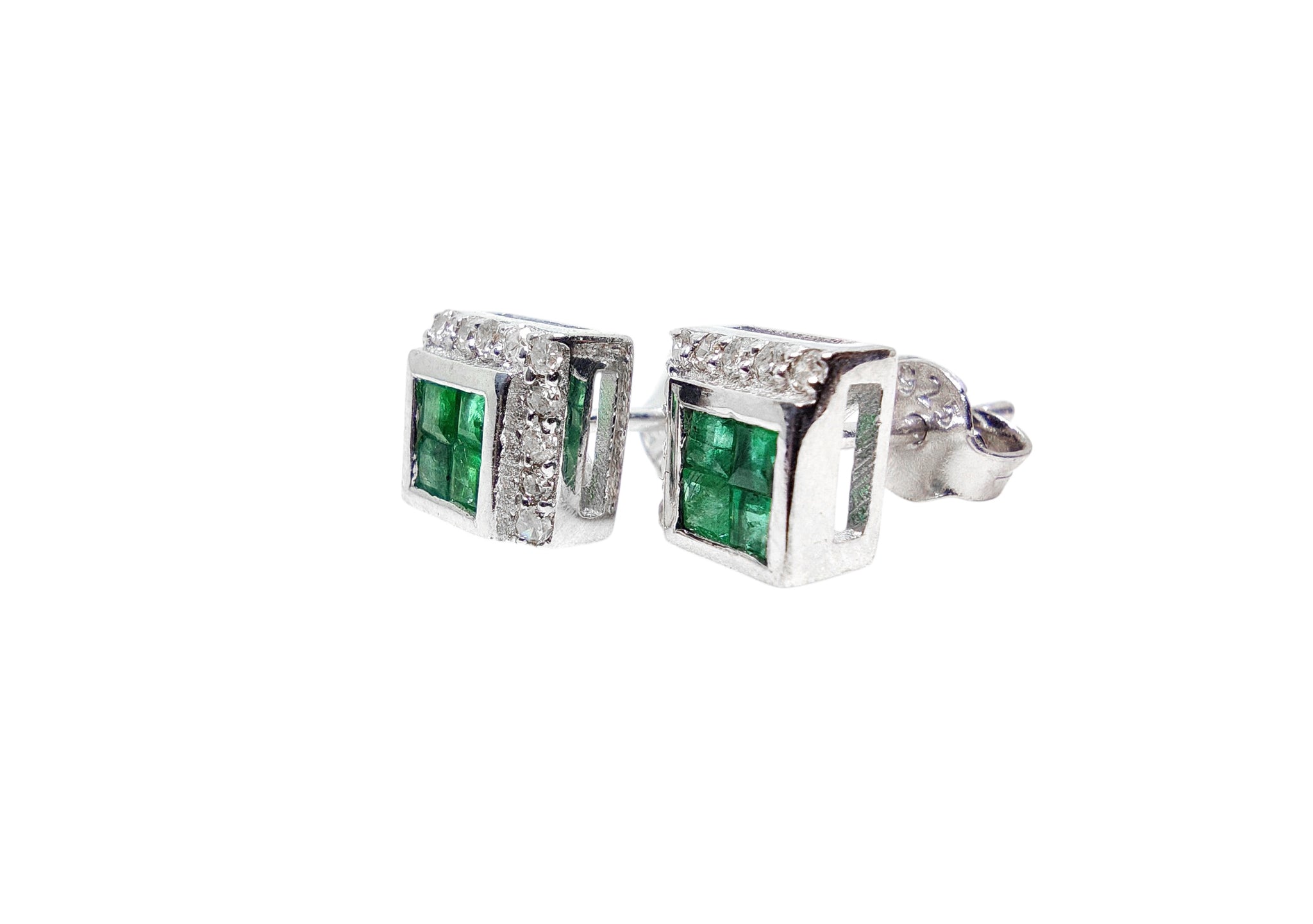 Silver Emerald Diamond Earring 0.60 Ct Emerald Stud Earrings Natural Emerald May Birthstone Earrings Emerald Diamond Stud Earrings For Her