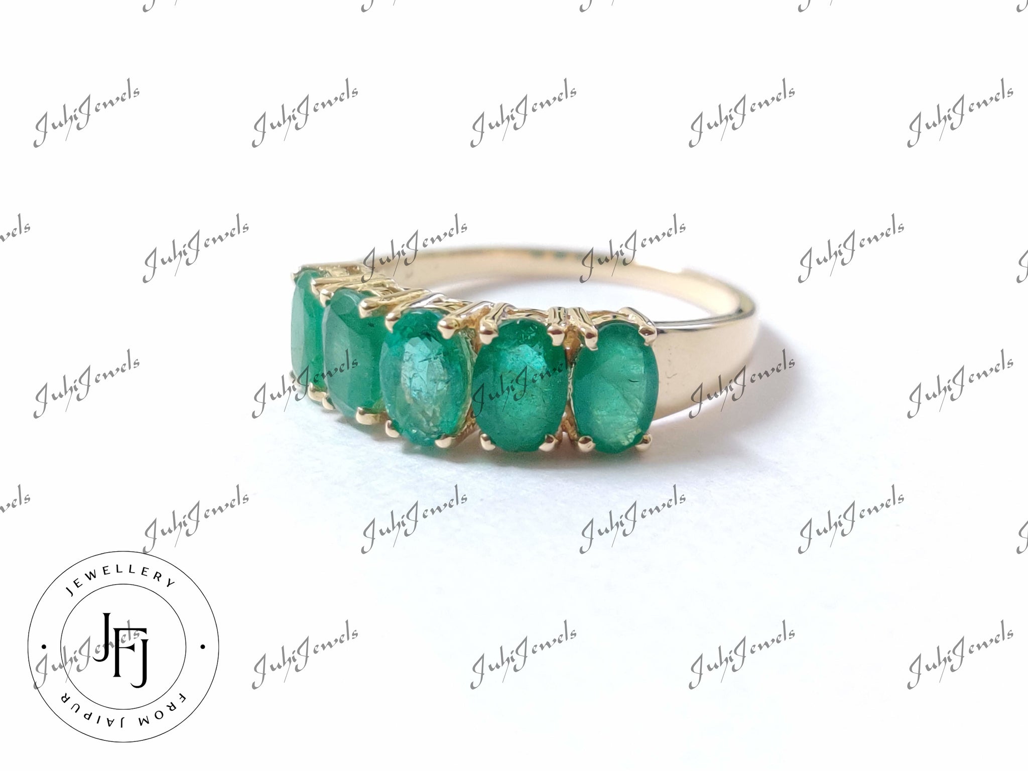 14K Emerald Gold Ring 4x6 mm Oval 3 Ct Natural Emerald Band 14K Emerald Engagement Ring 14K Emerald Wedding Band 5 Stone Ring Engagement Ring