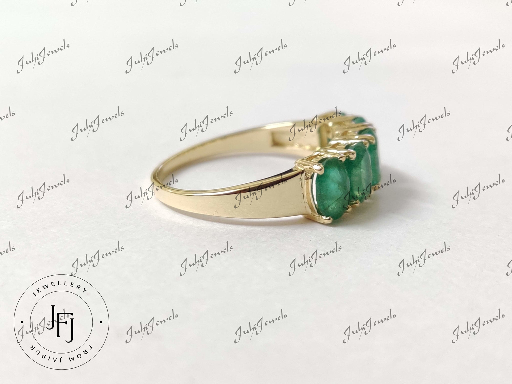 14K Emerald Gold Ring 4x6 mm Oval 3 Ct Natural Emerald Band 14K Emerald Engagement Ring 14K Emerald Wedding Band 5 Stone Ring Engagement Ring
