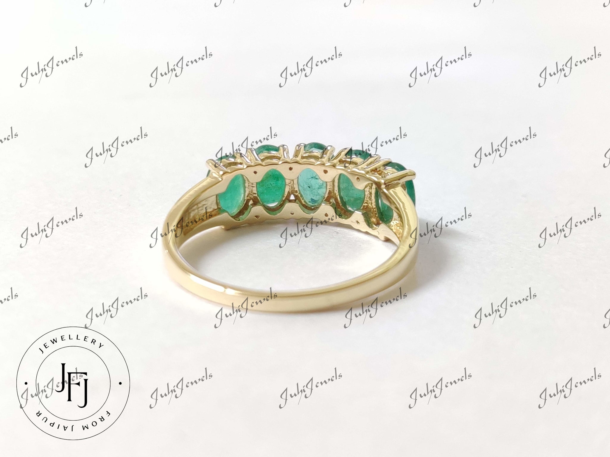 14K Emerald Gold Ring 4x6 mm Oval 3 Ct Natural Emerald Band 14K Emerald Engagement Ring 14K Emerald Wedding Band 5 Stone Ring Engagement Ring
