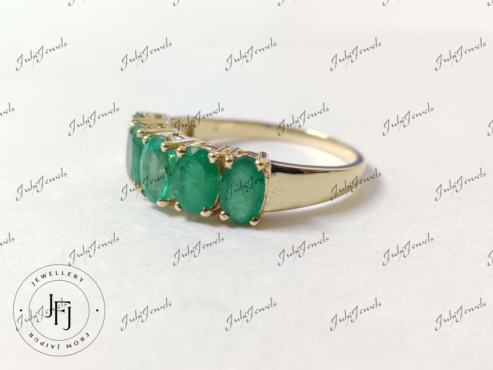 14K Emerald Gold Ring 4x6 mm Oval 3 Ct Natural Emerald Band 14K Emerald Engagement Ring 14K Emerald Wedding Band 5 Stone Ring Engagement Ring