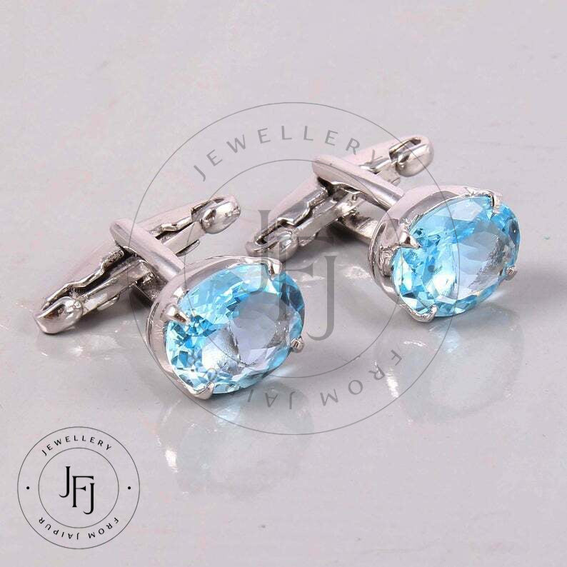 Large Blue Topaz Cufflinks 10 Ct Blue Topaz Cufflinks Sterling Silver Blue Topaz Gemstone Cufflinks Groomsmen Cufflink Wedding Cufflink