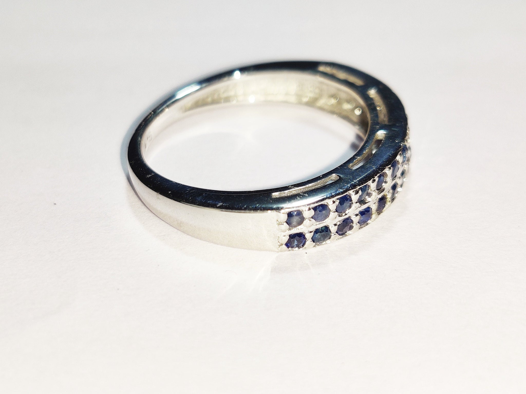 Sterling Silver Diamond Blue Sapphire Wedding Band Engagement Band Pave Diamond Ring 925 Sterling Silver Diamond Sapphire Ring