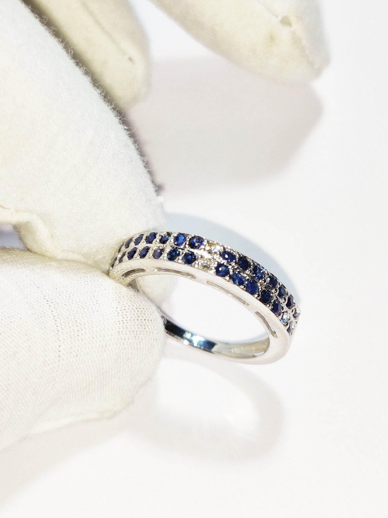 Sterling Silver Diamond Blue Sapphire Wedding Band Engagement Band Pave Diamond Ring 925 Sterling Silver Diamond Sapphire Ring