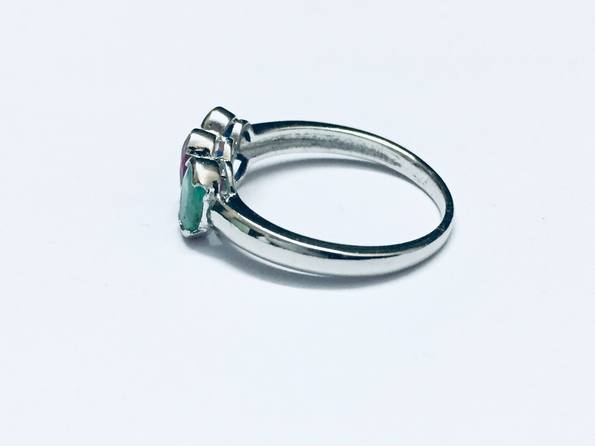Silver Blue Sapphire Emerald Ruby Ring 3 Stone Ring Natural Gemstone Ring 925 Sterling Silver 3 Stone Ring
