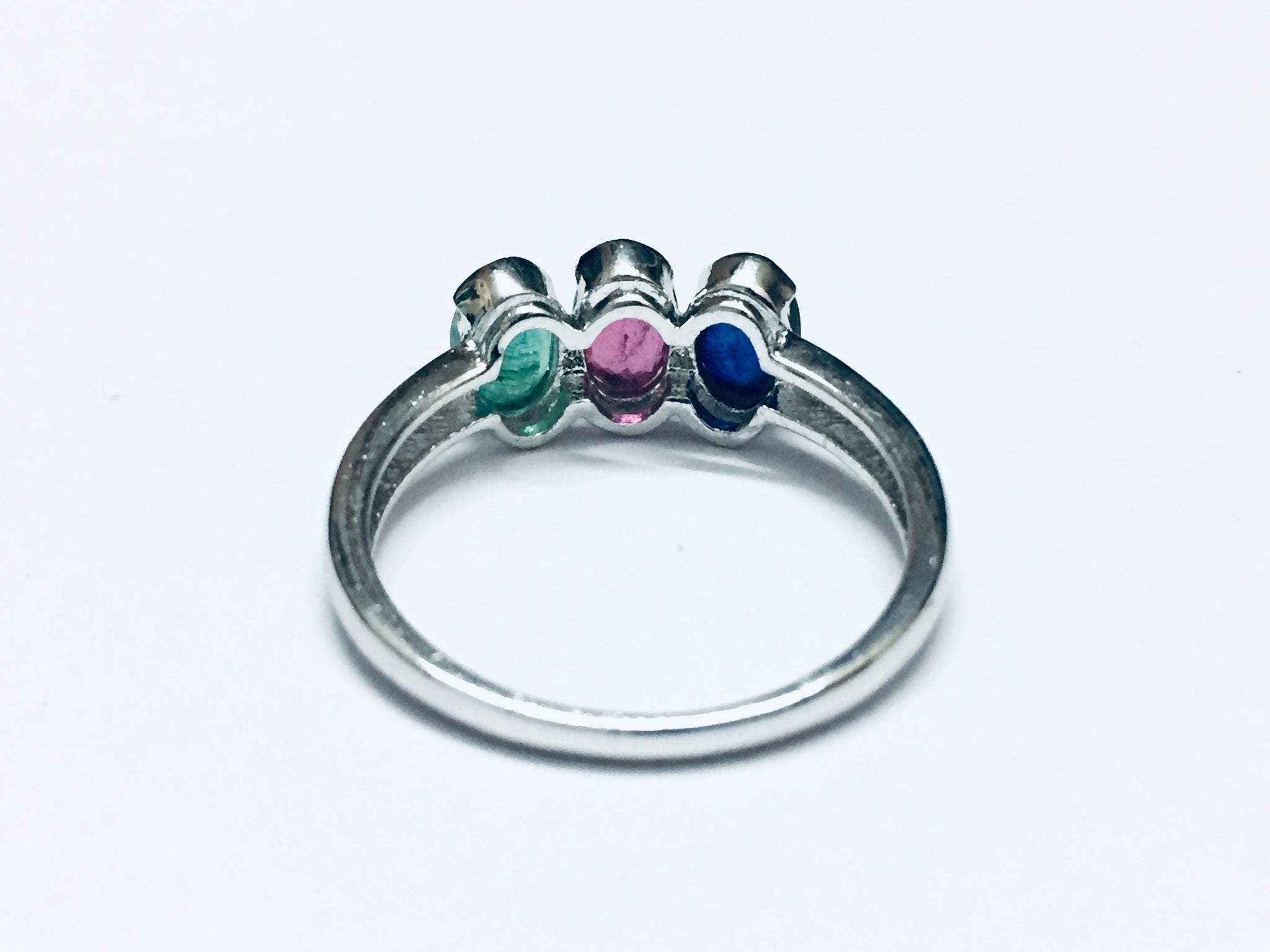 Silver Blue Sapphire Emerald Ruby Ring 3 Stone Ring Natural Gemstone Ring 925 Sterling Silver 3 Stone Ring