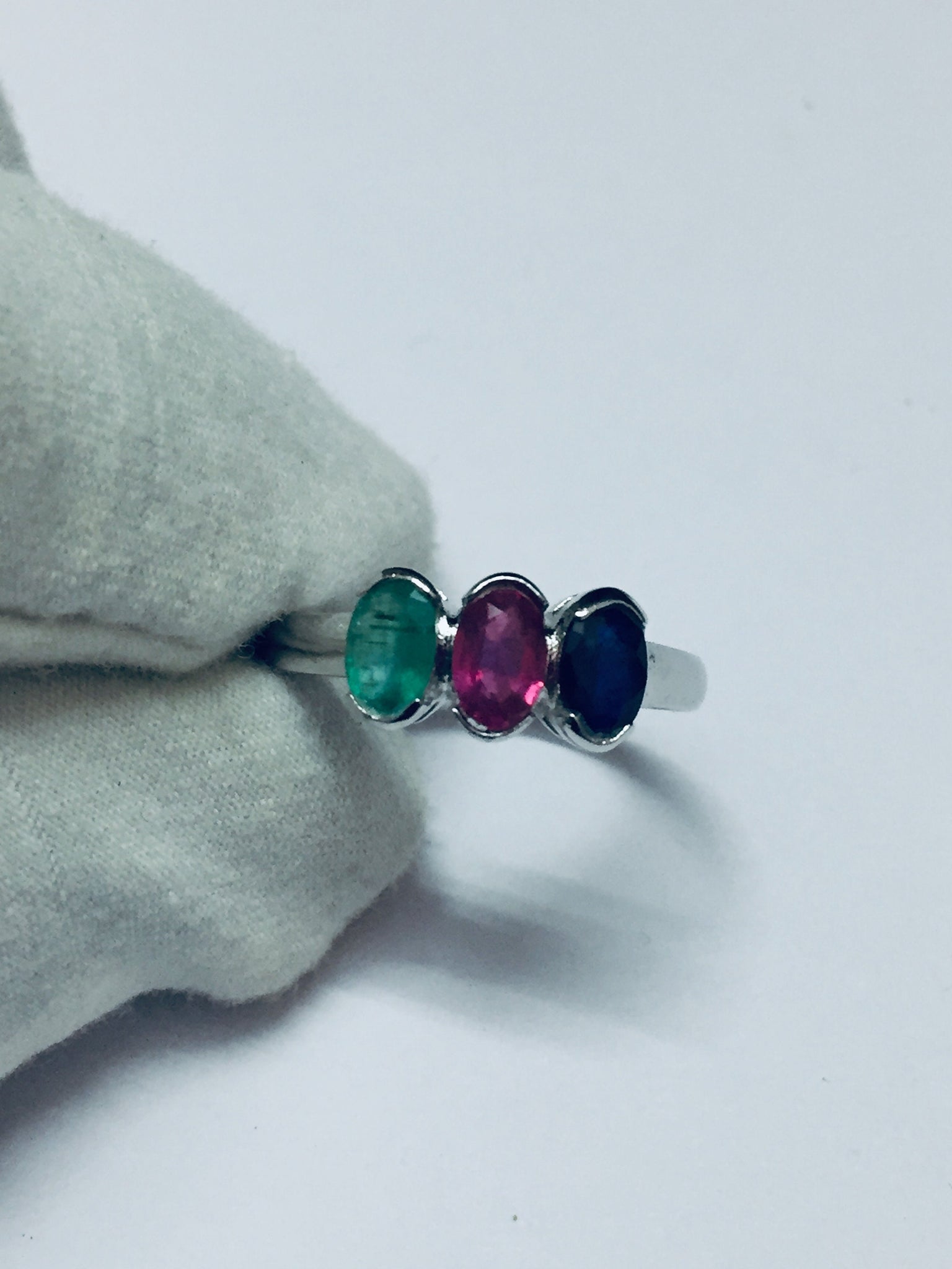 Silver Blue Sapphire Emerald Ruby Ring 3 Stone Ring Natural Gemstone Ring 925 Sterling Silver 3 Stone Ring