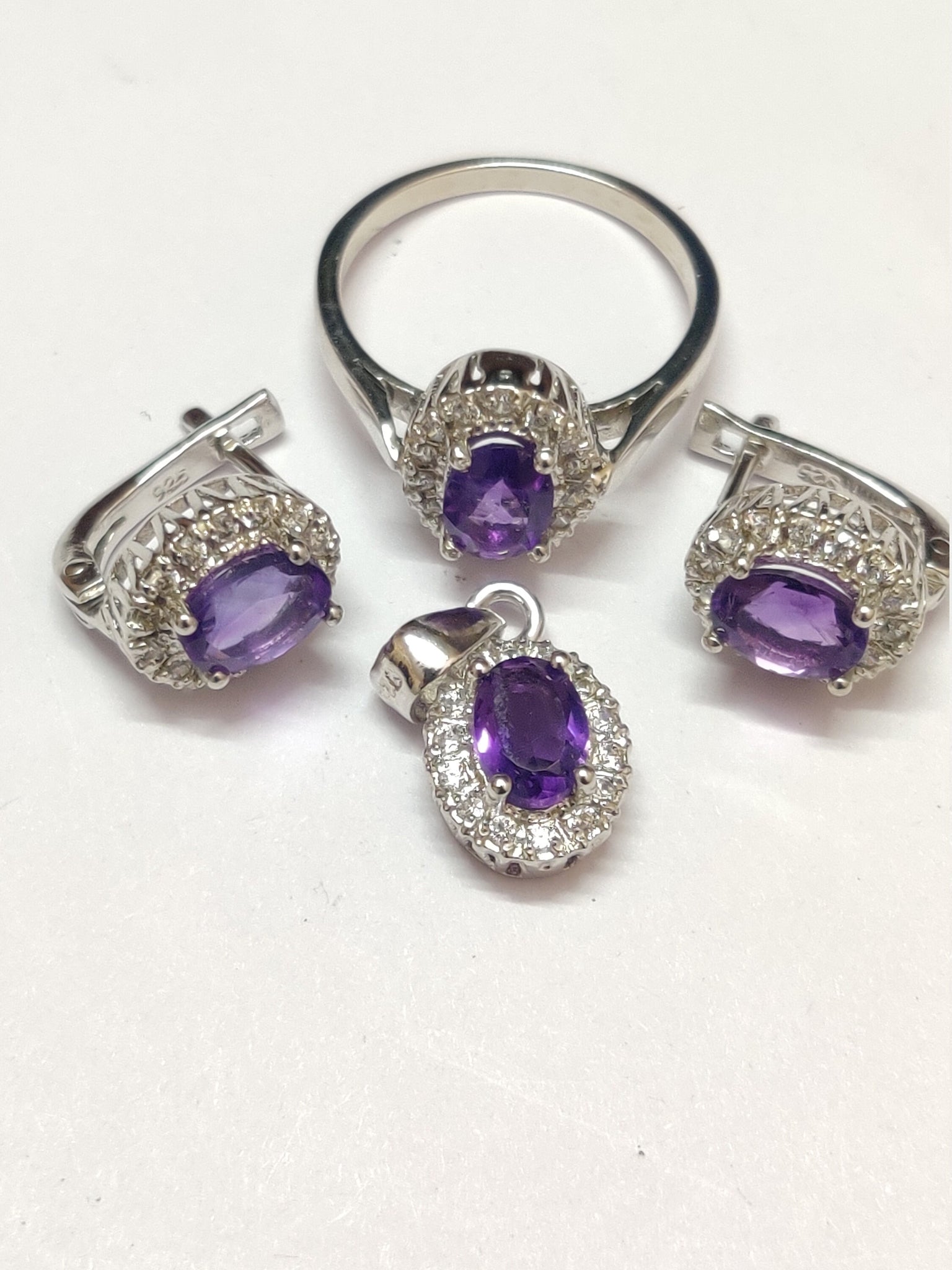Silver Amethyst Jewelry Set Amethyst Cluster Jewelry Set 3.2 Ct Natural Amethyst 5x7 mm Oval February Birthstone Set Jewelry Set For Women