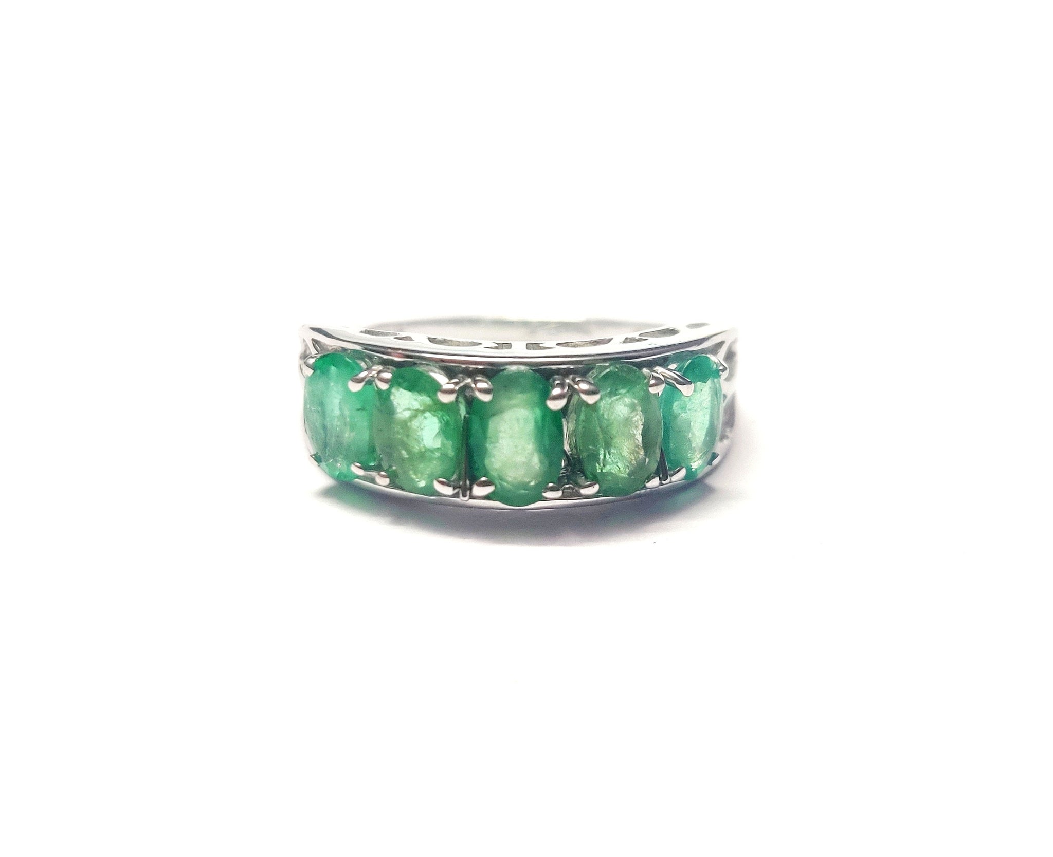 Silver Emerald Ring Natural Emerald Men Ring 5 Stone Emerald Ring 925 Sterling Silver Emerald Band Natural Emerald Ring May Birthstone Ring