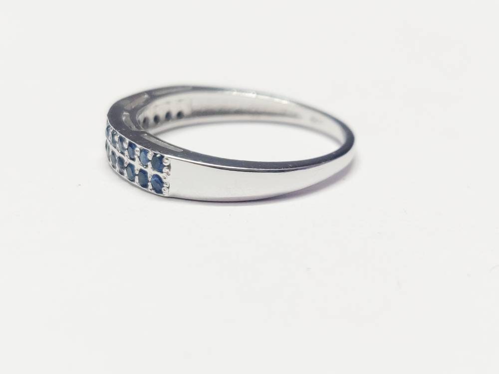 Sterling Silver Diamond Blue Sapphire Wedding Band Engagement Band Pave Diamond Ring 925 Sterling Silver Diamond Sapphire Ring