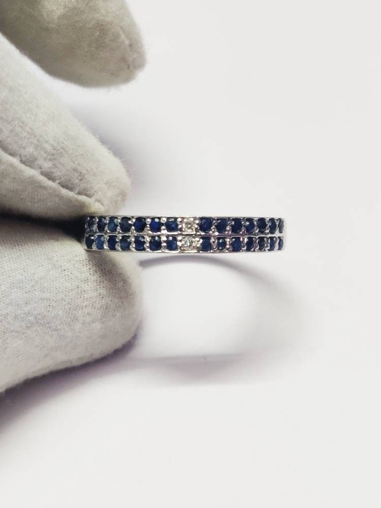 Sterling Silver Diamond Blue Sapphire Wedding Band Engagement Band Pave Diamond Ring 925 Sterling Silver Diamond Sapphire Ring