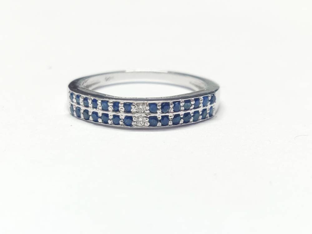 Sterling Silver Diamond Blue Sapphire Wedding Band Engagement Band Pave Diamond Ring 925 Sterling Silver Diamond Sapphire Ring