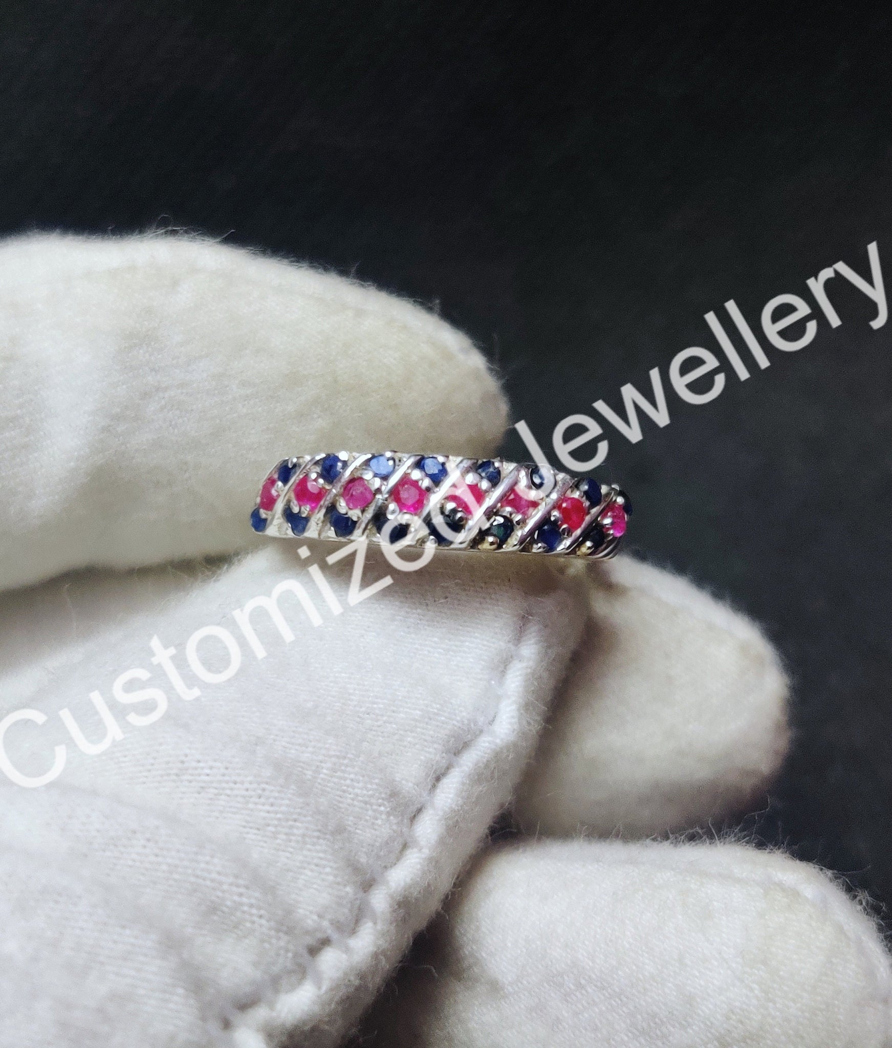 Natural Blue Sapphire Ruby Band 1.2 mm Round Sapphire Ruby Wedding Band Natural Ruby Engagement Band