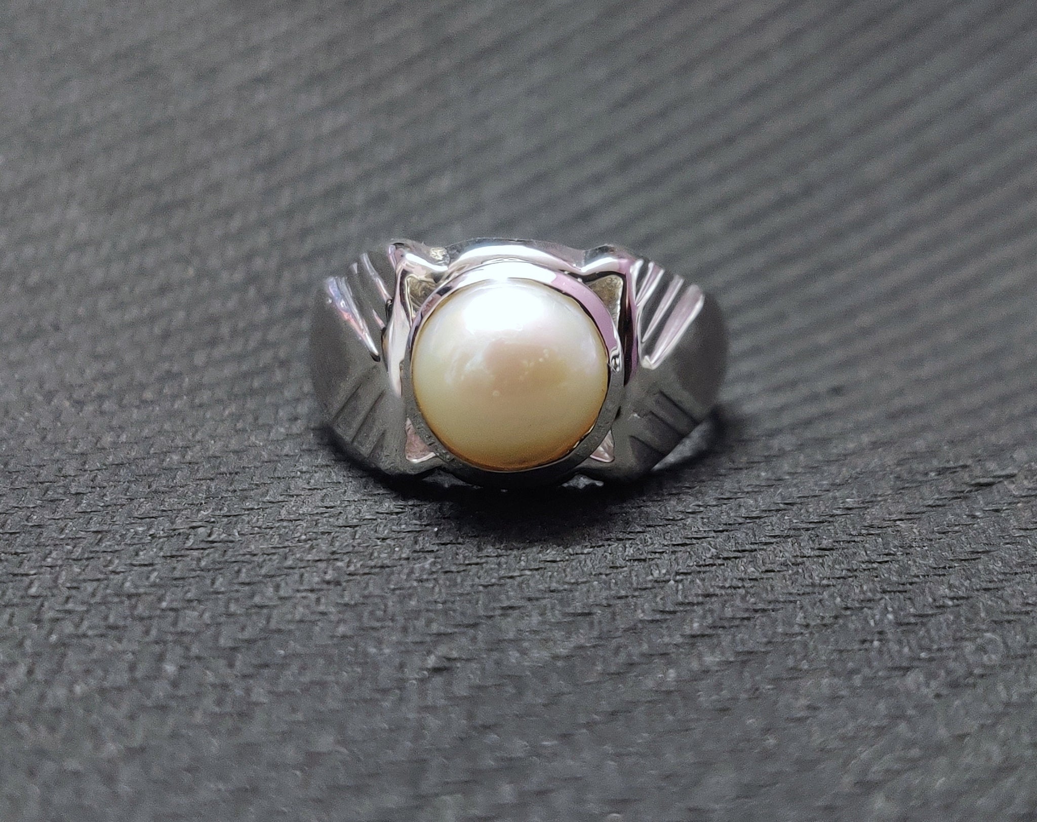 Silver Pearl Ring Men 9 mm Round Pearl Band Mens Pearl Ring Synthetic Pearl Ring For Men Heavy Silver Pearl Ring