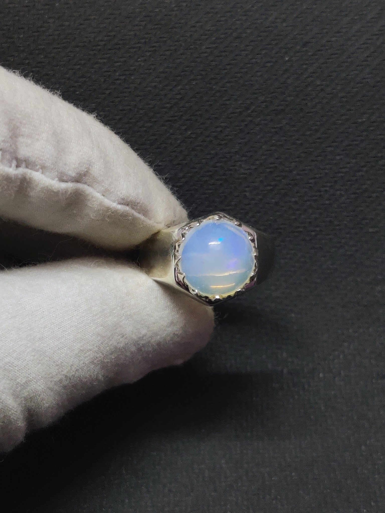 Silver Opal Mens Ring 12 mm Round 3.5 Ct Ethiopian Opal Wedding Band Natural Opal Mens Ring Ethiopian Opal Statement Ring Mens Opal Band