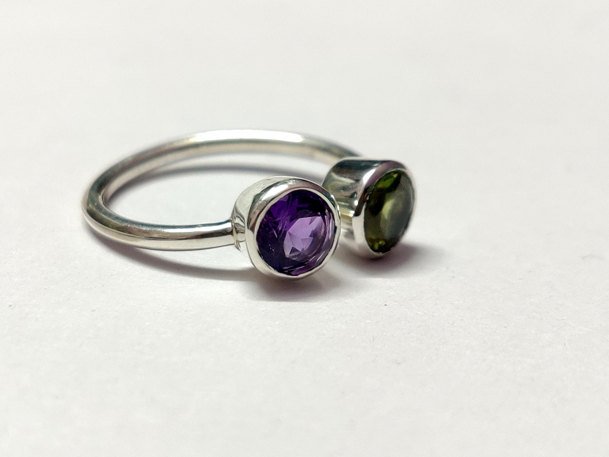 Natural Peridot Amethyst Stacking Ring 5 mm Round Amethyst Peridot Stackable Band 0.6 Ct Peridot Amethyst Band Two Birthstone Ring