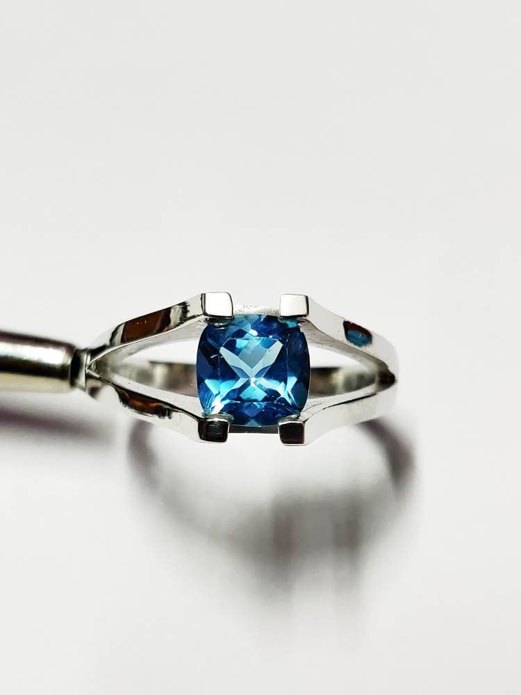 Silver London Blue Topaz Solitaire Ring 8 mm Cushion 2.6 Ct London Blue Topaz Engagement London Blue Topaz Engagement Ring Anniversary Ring