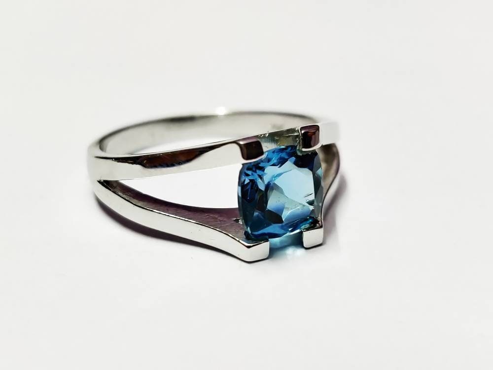 Silver London Blue Topaz Solitaire Ring 8 mm Cushion 2.6 Ct London Blue Topaz Engagement London Blue Topaz Engagement Ring Anniversary Ring