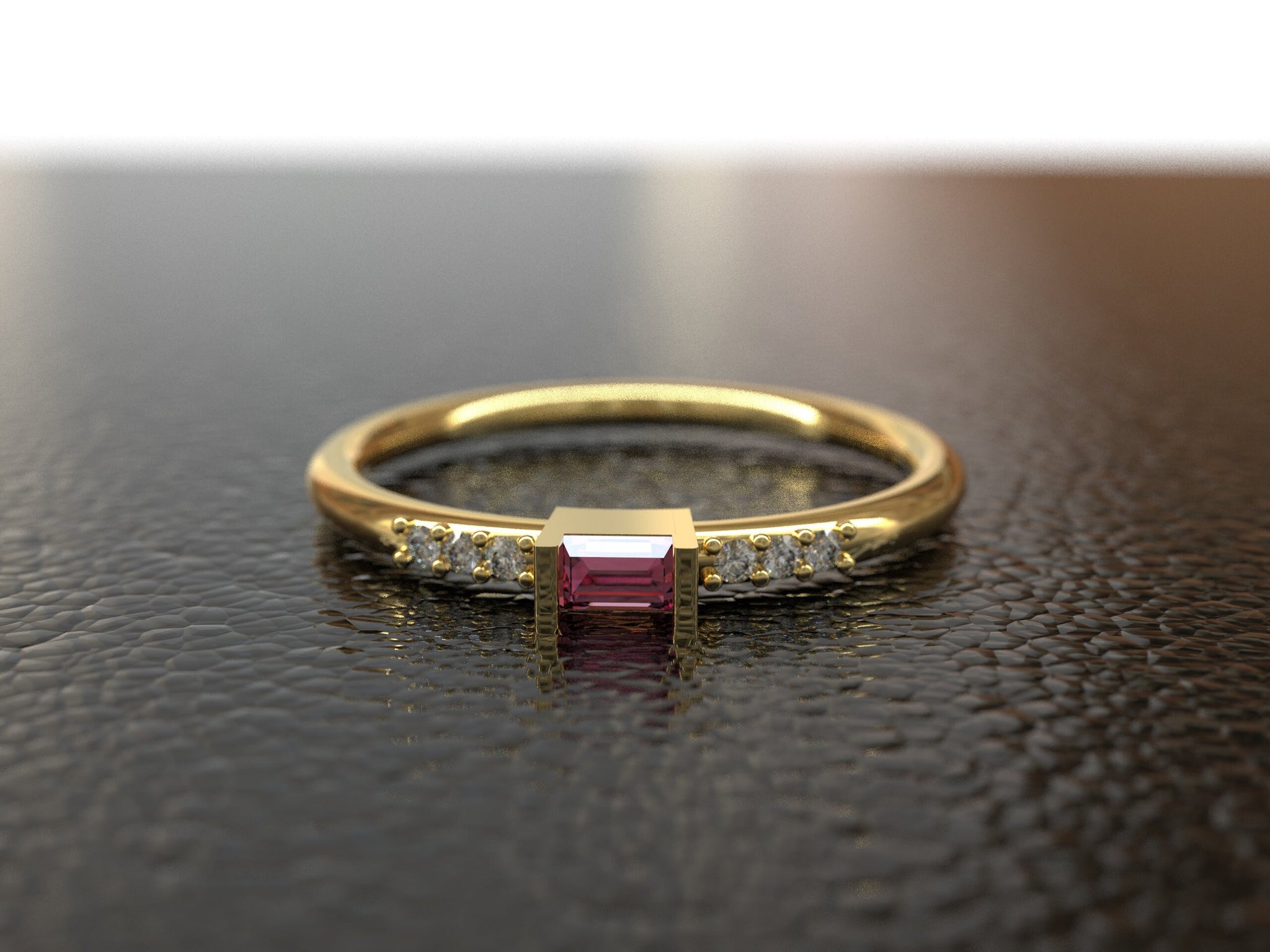 Pink Sapphire Diamond Minimalist Ring 14K Gold Pink Sapphire Stacking Ring 2x4 Octagon Cut Sapphire 1.2 mm Round Diamond Stackable Band