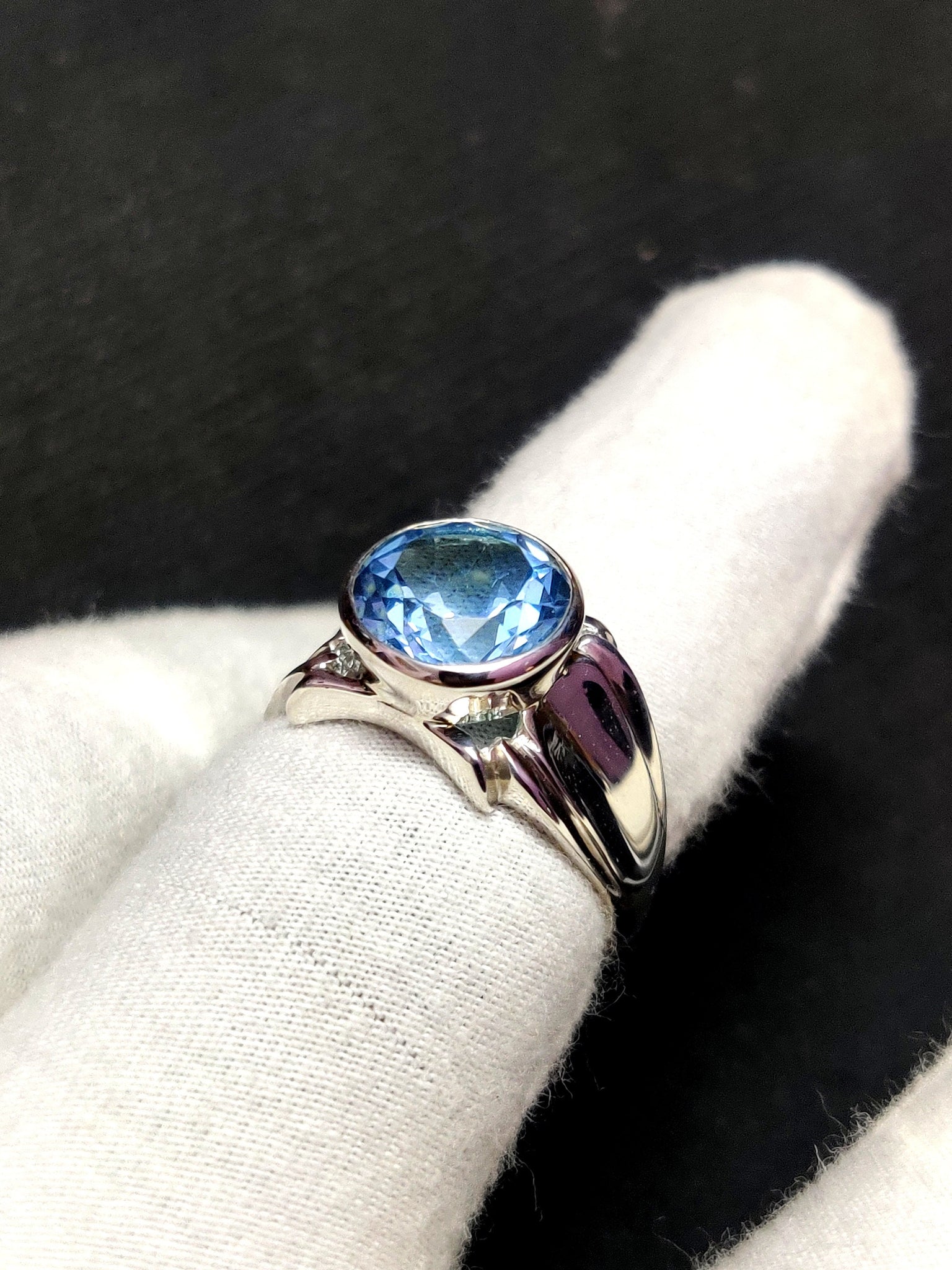 Blue Topaz Statement Ring 6 Ct Blue Topaz Men Ring 10 mm Round Blue Topaz Band For Men 925 Silver Handmade Blue Topaz Men Ring Gift For Him