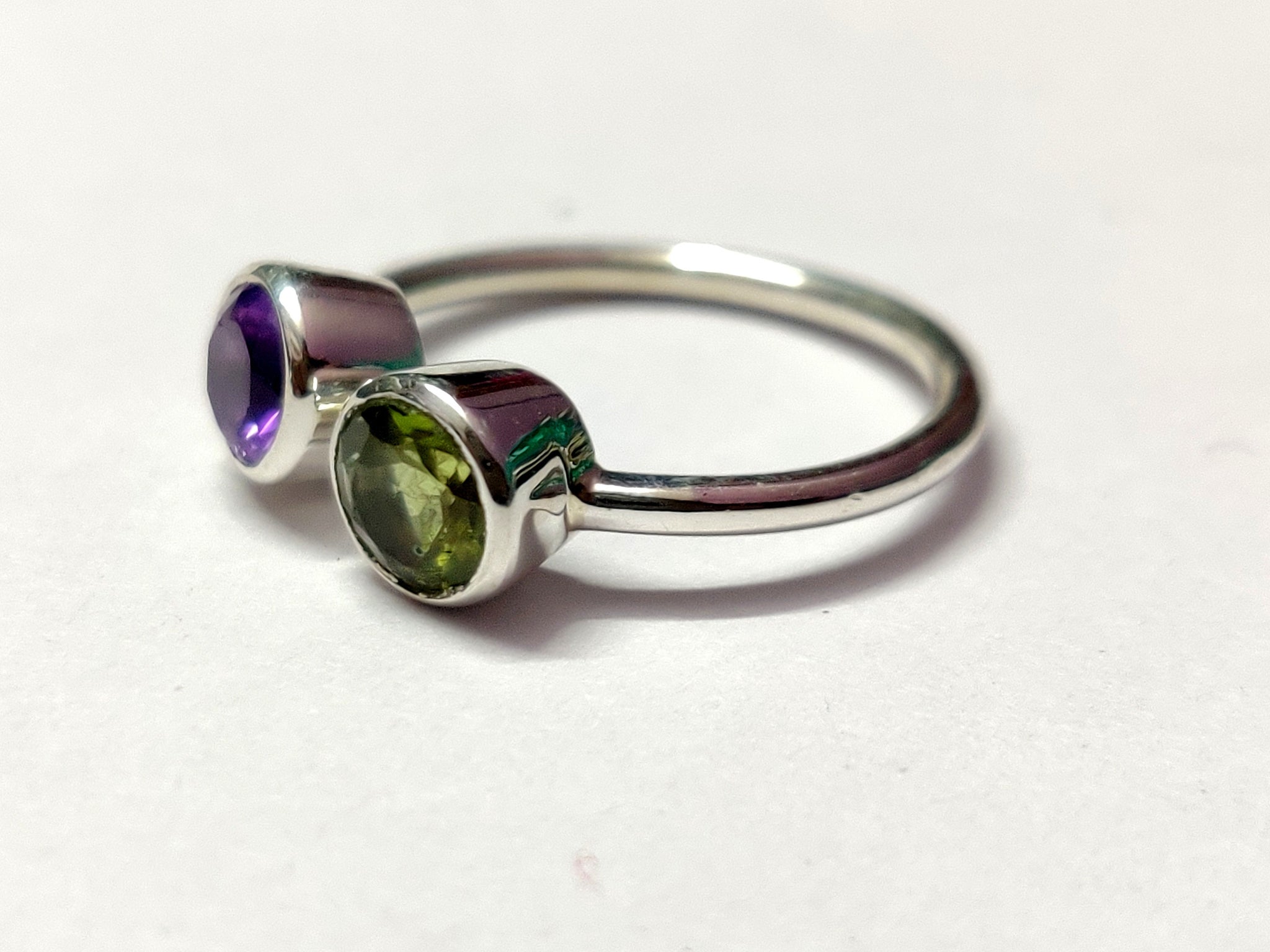 Natural Peridot Amethyst Stacking Ring 5 mm Round Amethyst Peridot Stackable Band 0.6 Ct Peridot Amethyst Band Two Birthstone Ring
