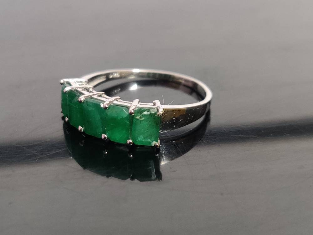 Natural Emerald Band Silver 4x6 mm Octagon 3 Ct Emerald Ring 5 Stone Emerald Ring Emerald Men Ring Emerald Band Gift For Him Gift For Her