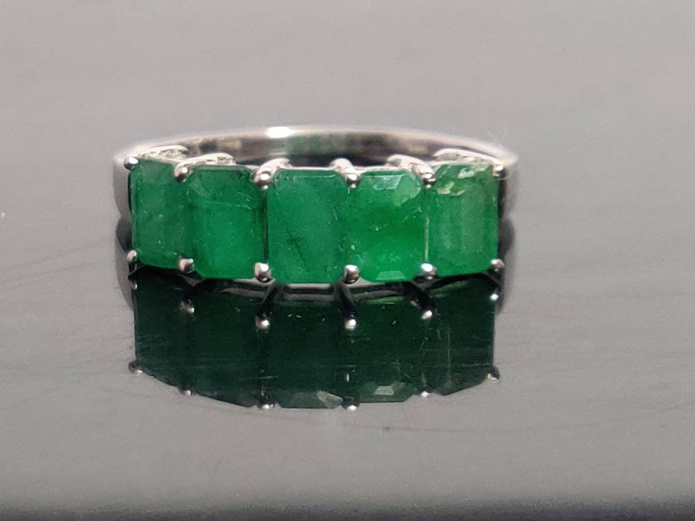 Natural Emerald Band Silver 4x6 mm Octagon 3 Ct Emerald Ring 5 Stone Emerald Ring Emerald Men Ring Emerald Band Gift For Him Gift For Her