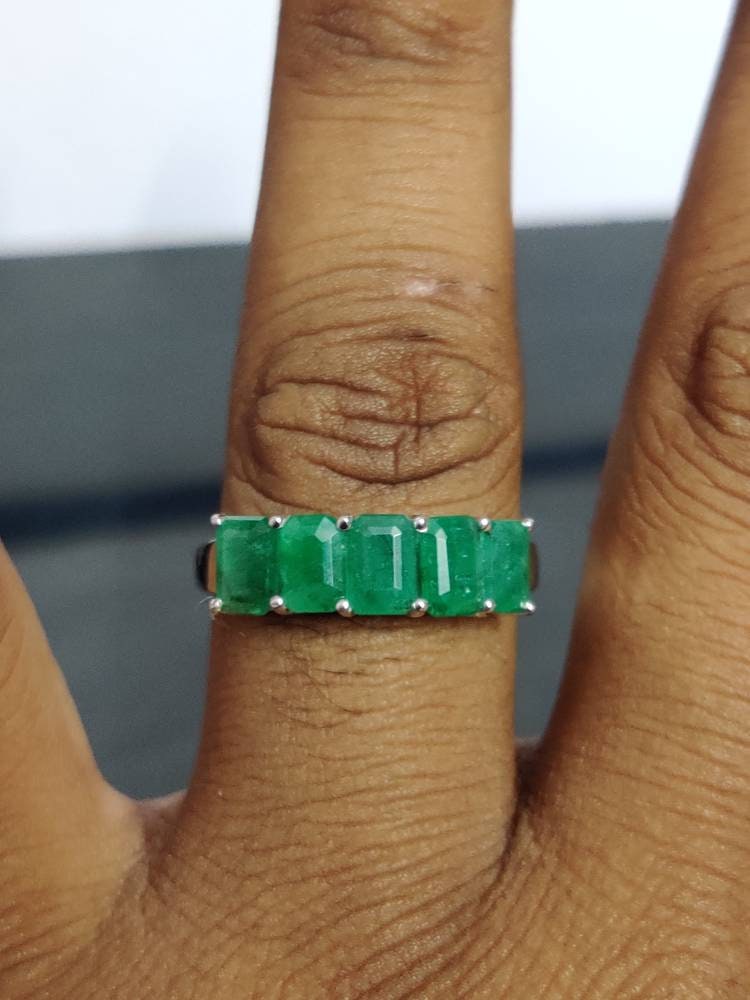 Natural Emerald Band Silver 4x6 mm Octagon 3 Ct Emerald Ring 5 Stone Emerald Ring Emerald Men Ring Emerald Band Gift For Him Gift For Her