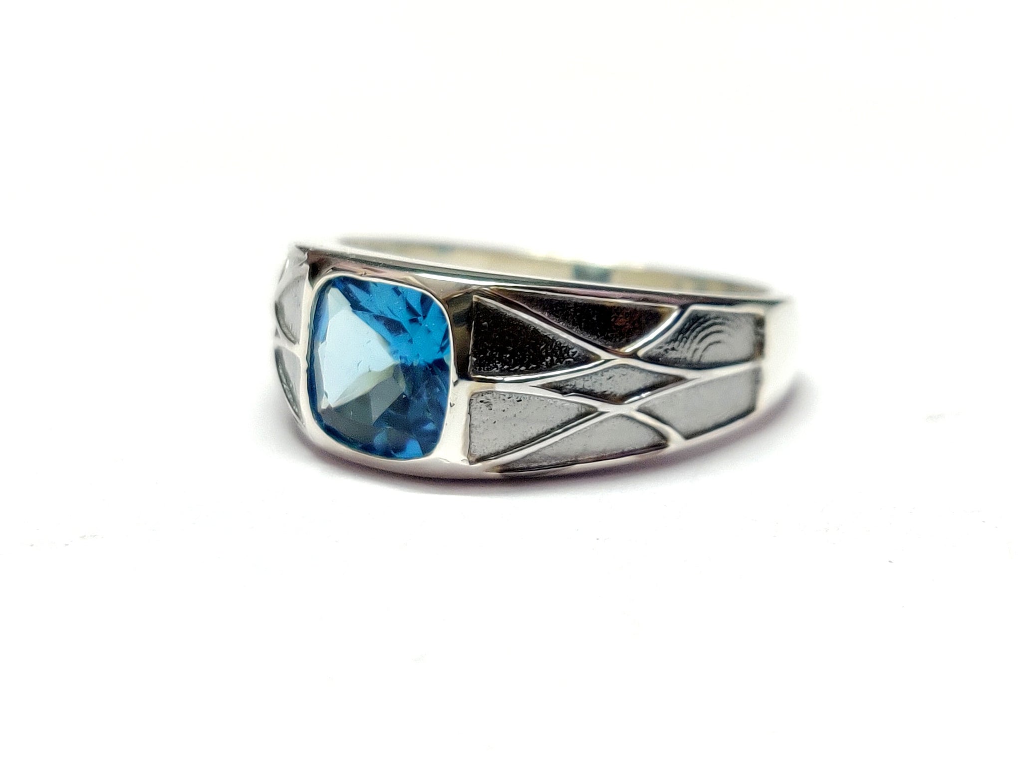 London Blue Topaz Wedding Band Natural London Topaz Engagement Band 8 mm Cushion 2.5 Ct London Topaz Band For Men Sterling Silver Topaz Band