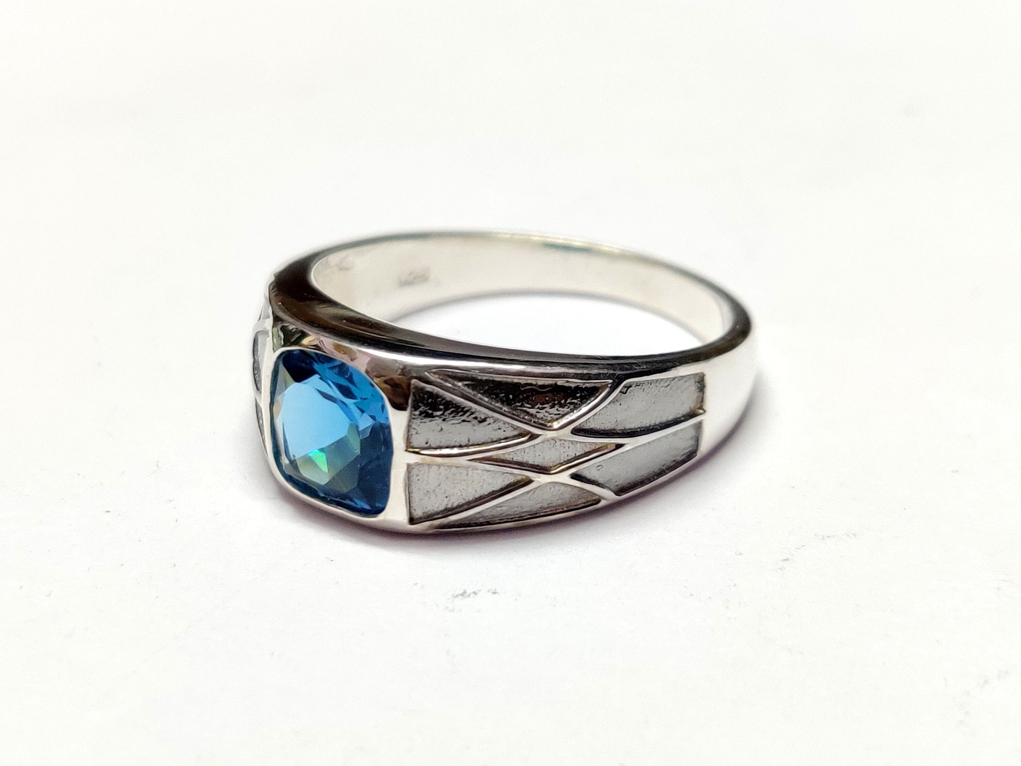 London Blue Topaz Wedding Band Natural London Topaz Engagement Band 8 mm Cushion 2.5 Ct London Topaz Band For Men Sterling Silver Topaz Band