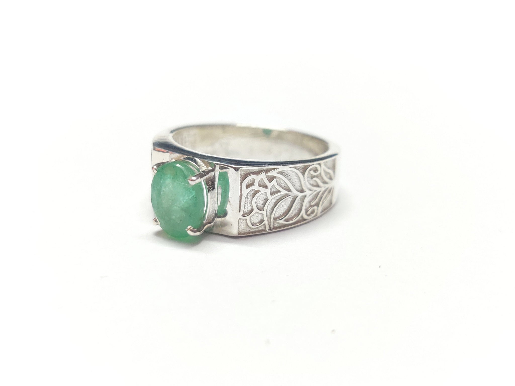 Silver Emerald Men Ring 6x8 mm Oval Emerald Band Sterling Silver Emerald Engagement Ring Emerald Wedding Band May Birthstone Ring