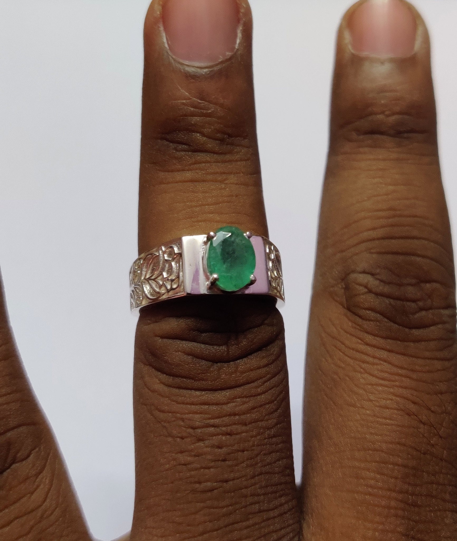 Silver Emerald Men Ring 6x8 mm Oval Emerald Band Sterling Silver Emerald Engagement Ring Emerald Wedding Band May Birthstone Ring