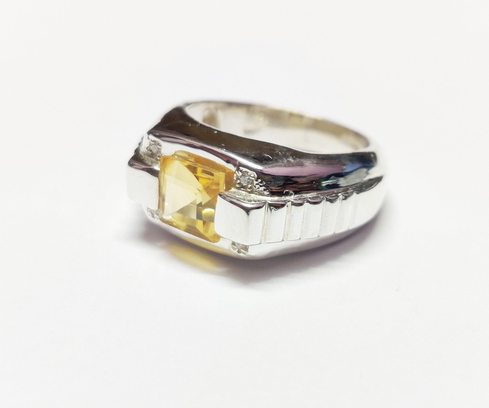 Silver Citrine Men Ring Diamond Ring Yellow Citrine Men Ring Heavy Silver Men Ring Citrine  Diamond Accents 925 Sterling Silver Citrine Ring