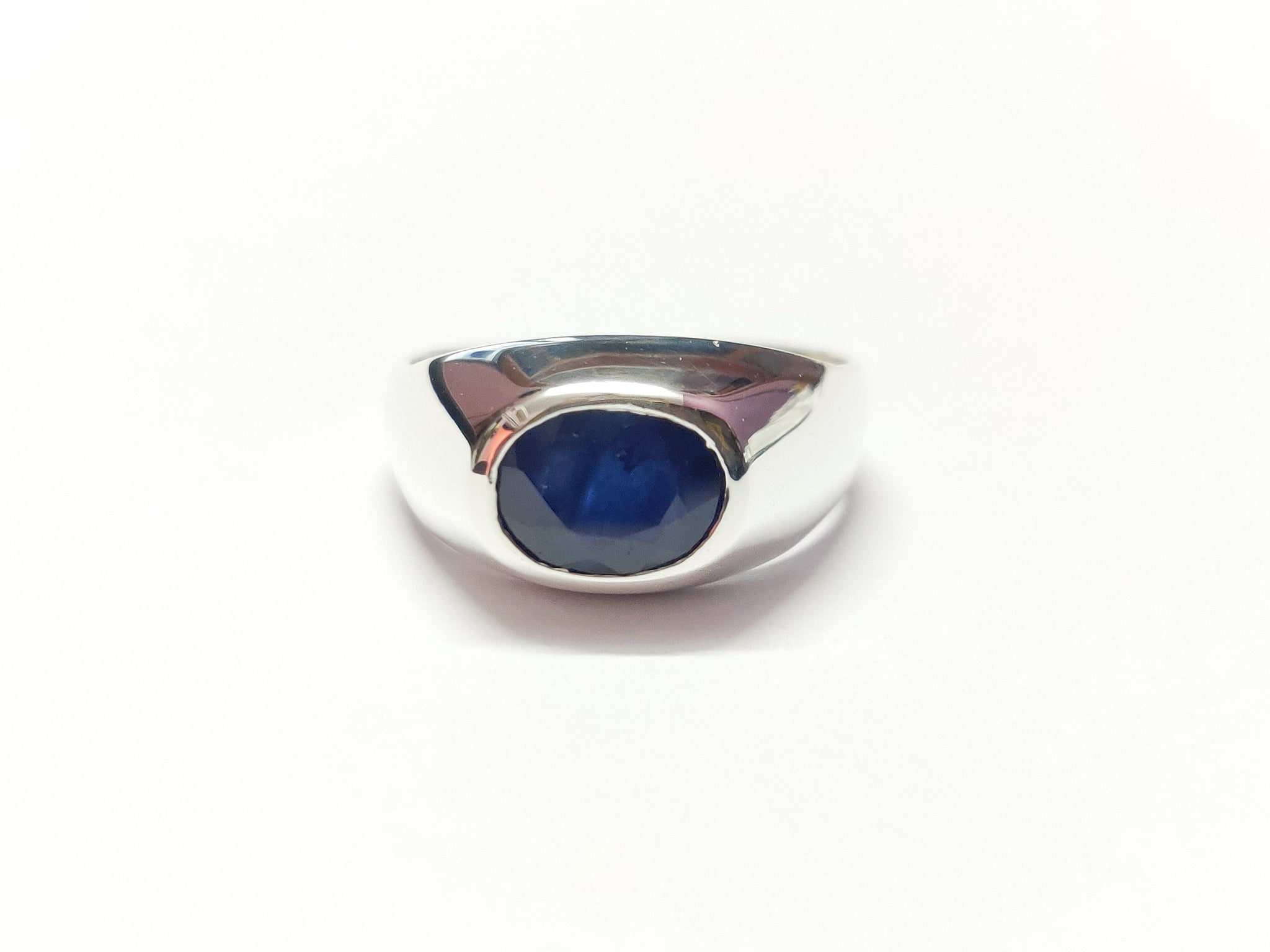 Blue Sapphire Mens Band Heavy Silver Blue Sapphire Ring 7x9 mm Oval Blue Sapphire Band 2.5 Ct Blue Sapphire Band