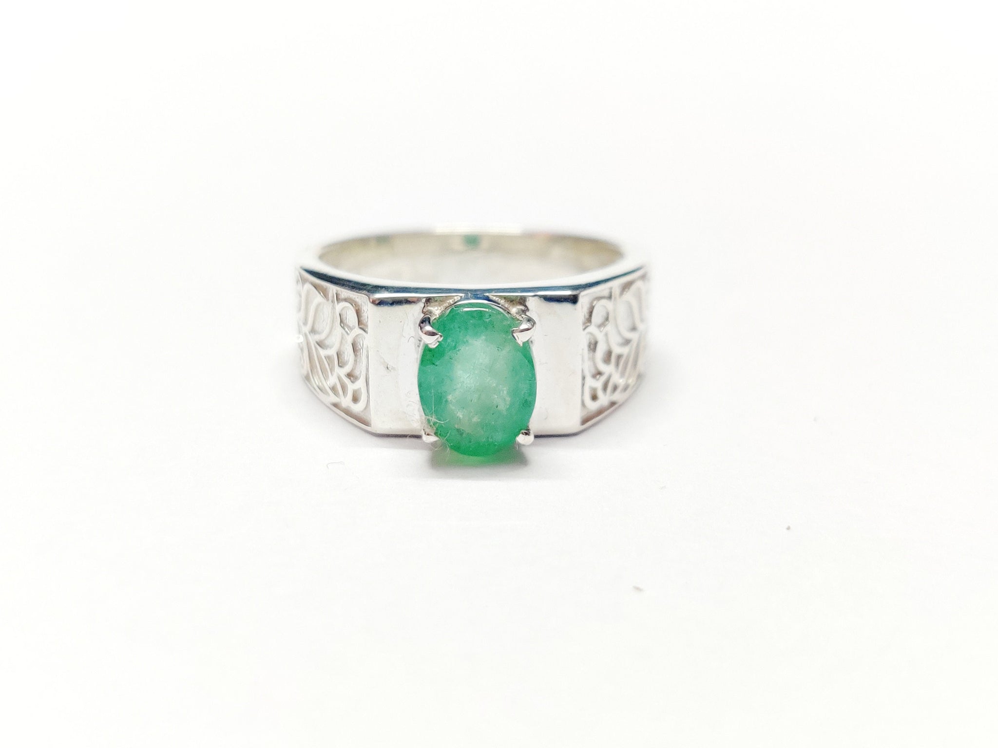Silver Emerald Men Ring 6x8 mm Oval Emerald Band Sterling Silver Emerald Engagement Ring Emerald Wedding Band May Birthstone Ring