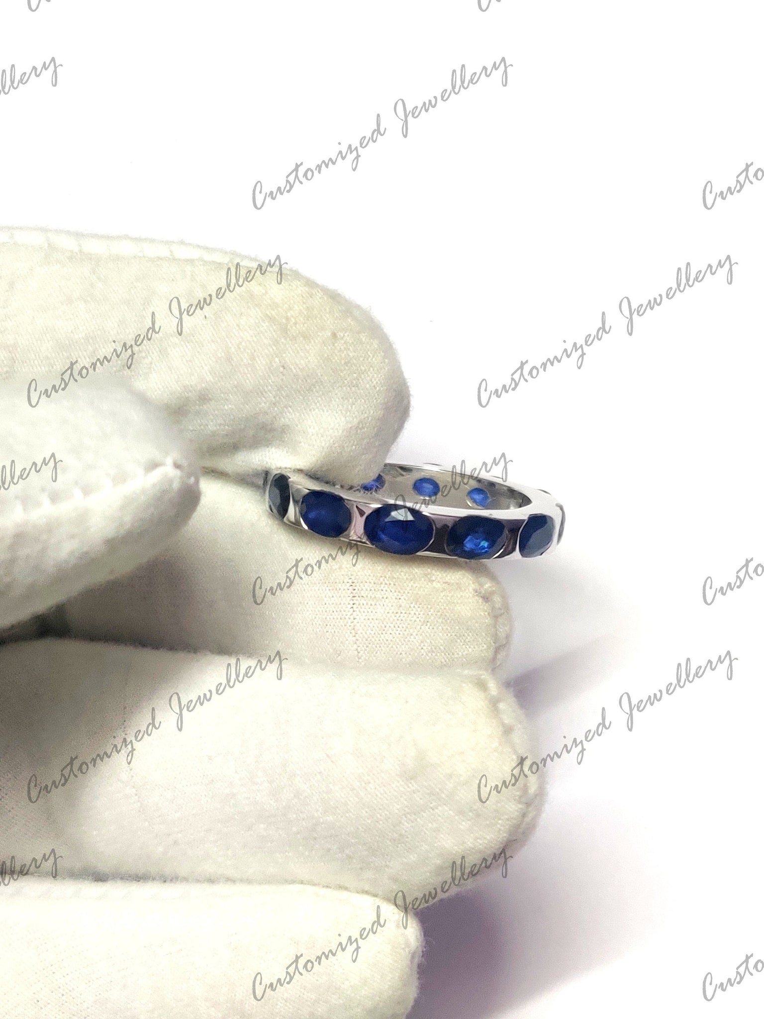 Silver Eternity Sapphire Band Natural Blue Sapphire Ring 4x6 mm Oval Sapphire Eternity Engagement Ring Natural Blue Sapphire Wedding Band