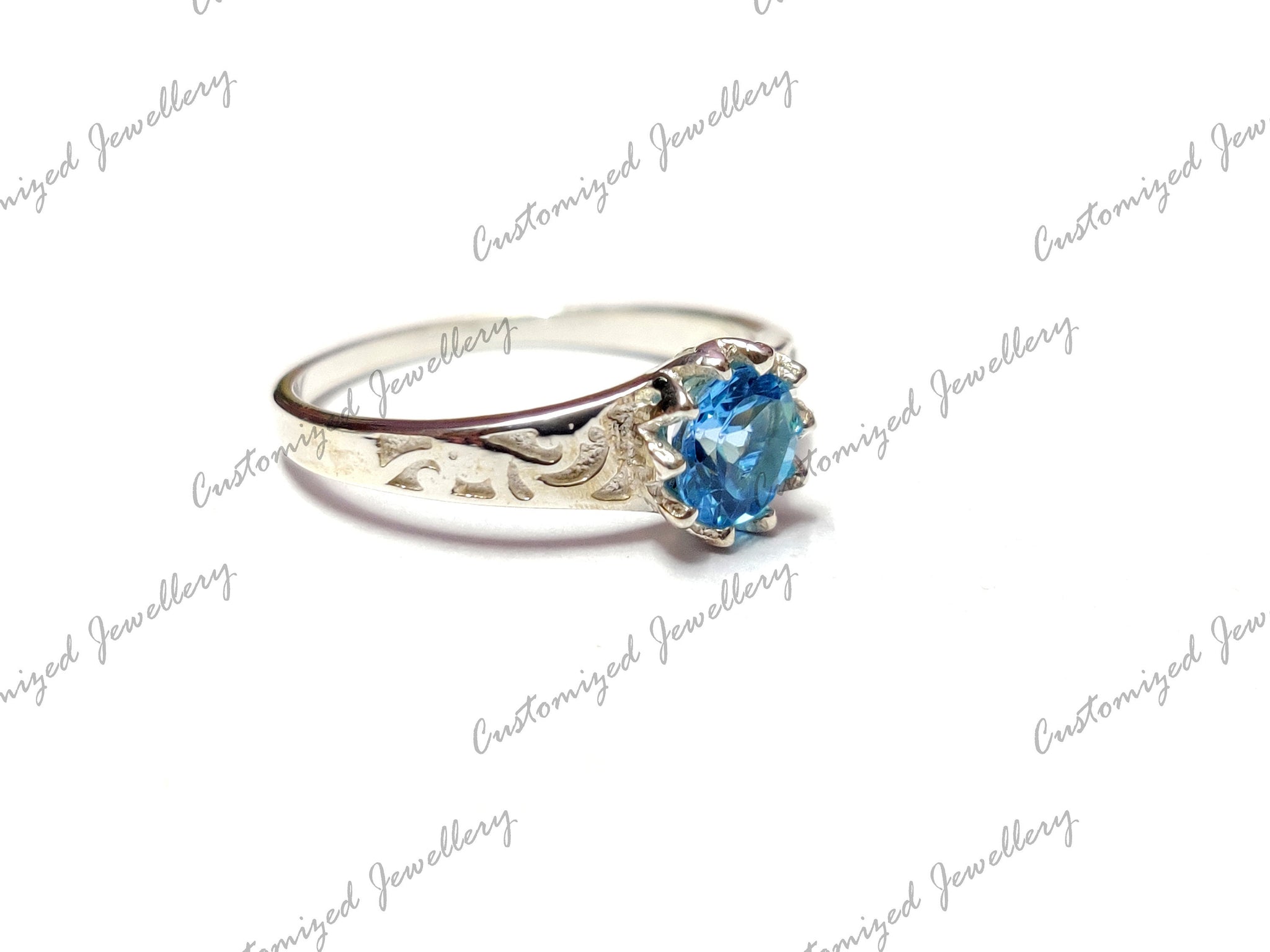 Silver Swiss Blue Topaz Engagement Band Swiss Topaz Solitaire Ring Art Deco Swiss Topaz Anniversary Ring December Birthstone Ring