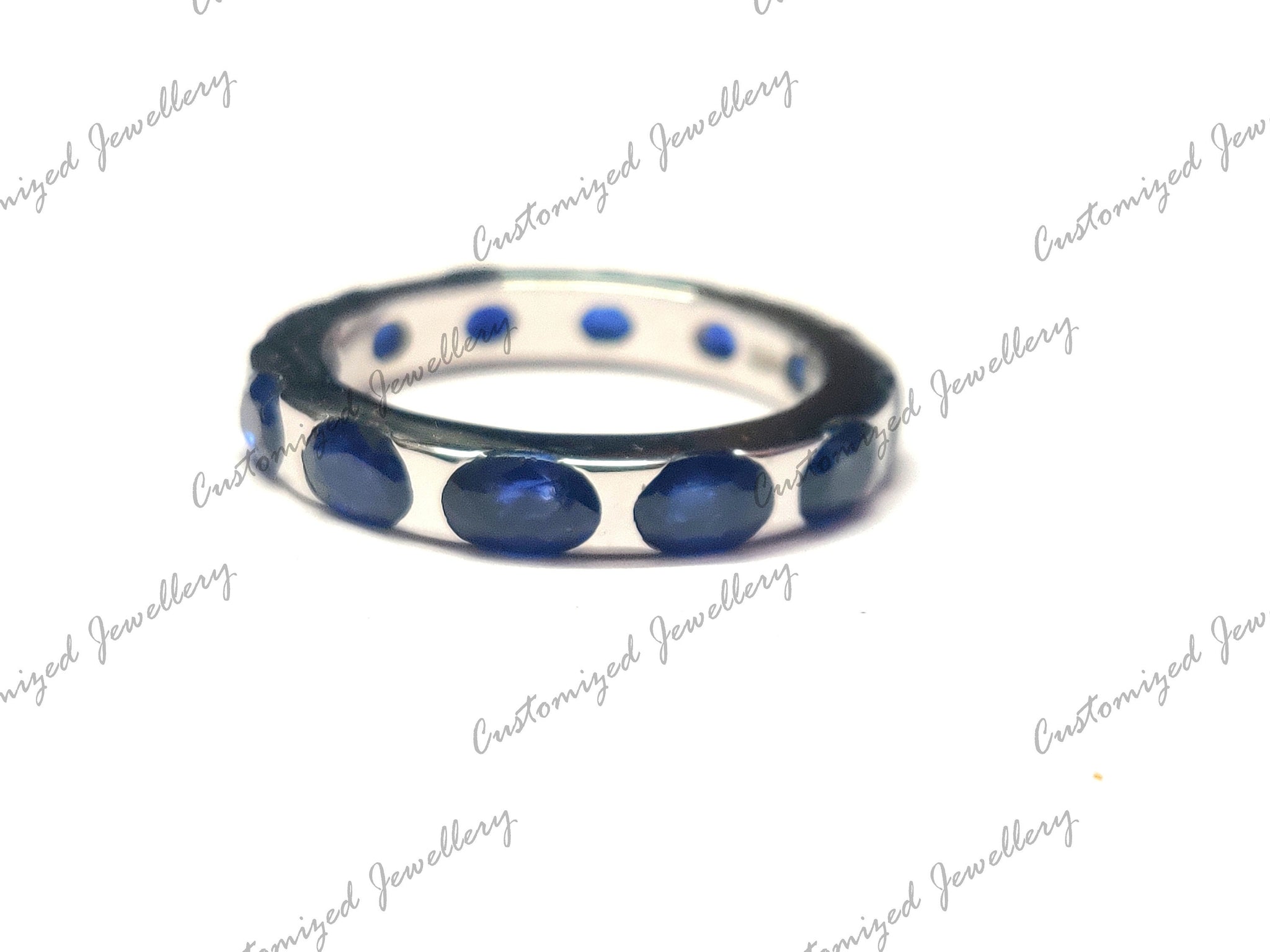 Silver Eternity Sapphire Band Natural Blue Sapphire Ring 4x6 mm Oval Sapphire Eternity Engagement Ring Natural Blue Sapphire Wedding Band