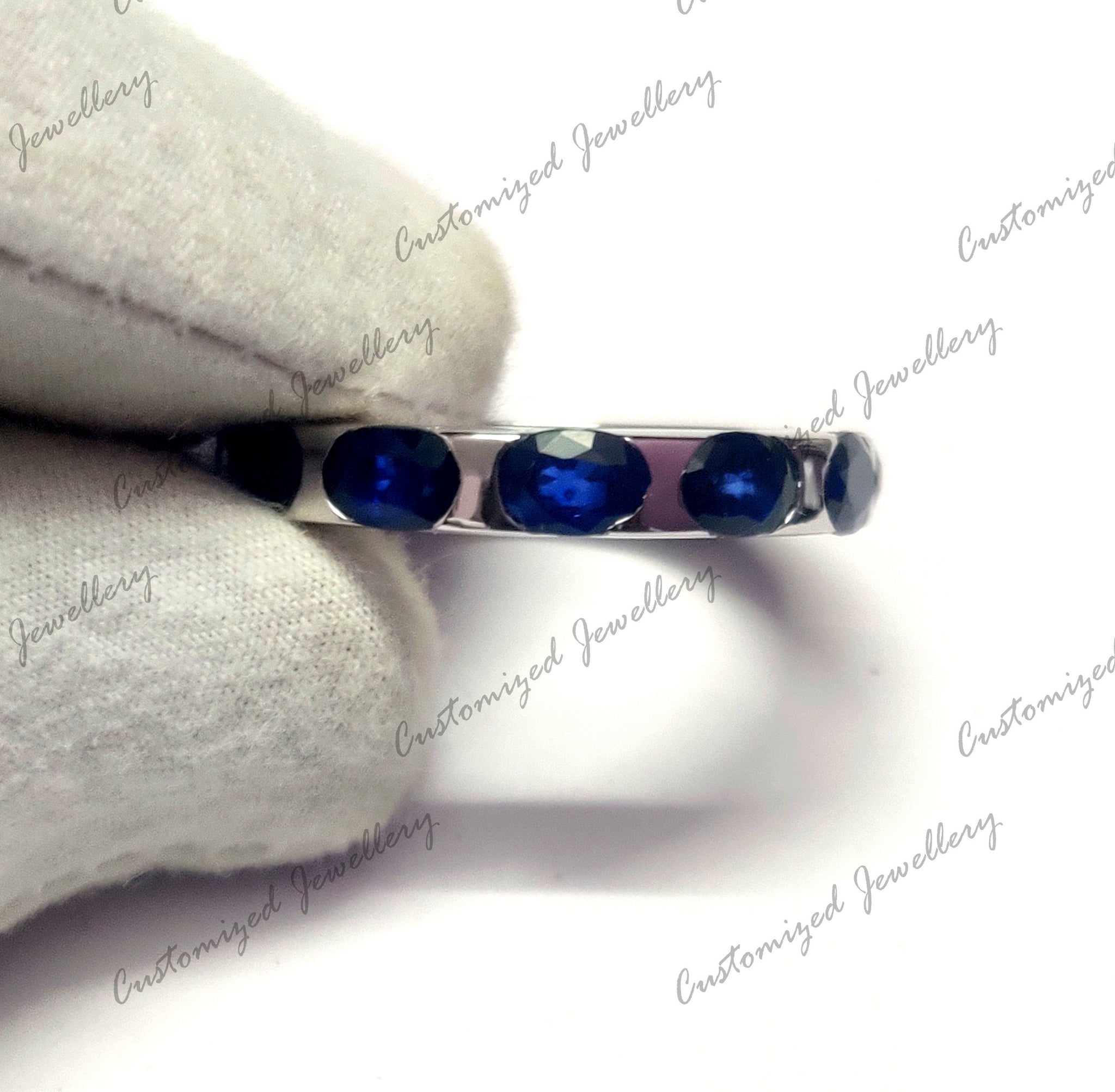 Silver Eternity Sapphire Band Natural Blue Sapphire Ring 4x6 mm Oval Sapphire Eternity Engagement Ring Natural Blue Sapphire Wedding Band